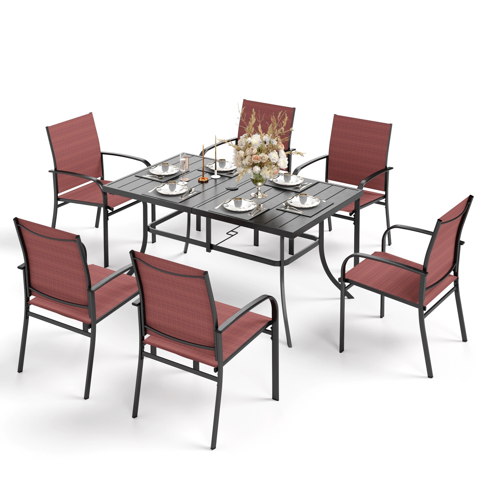 Ensemble de salle à manger de patio MAISON ARTS 7 pièces avec 1 table rectangulaire en métal et 6 chaises en textilène