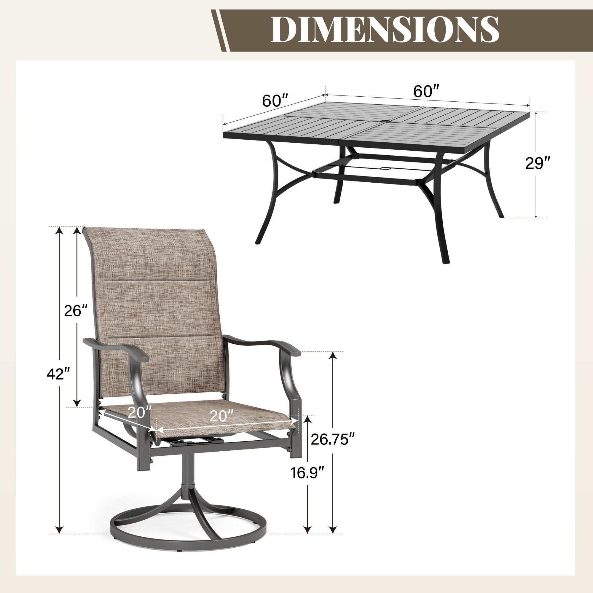 Ensemble de salle à manger de patio MAISON?ARTS 9 pièces, table carrée en métal de 60 pouces et chaises berçantes en toile