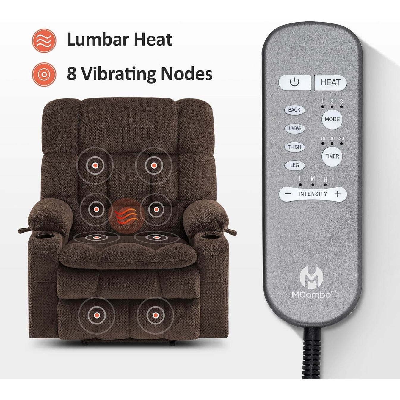 Fauteuil inclinable électrique à double moteur MCombo avec massage et chauffage pour personnes de grande taille, tissu R7891 (grand-large)