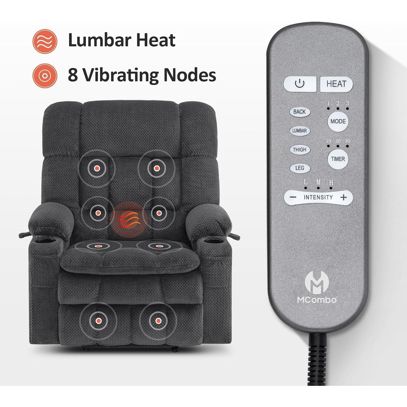 Fauteuil inclinable électrique à double moteur MCombo avec massage et chauffage pour personnes de grande taille, tissu R7891 (grand-large)