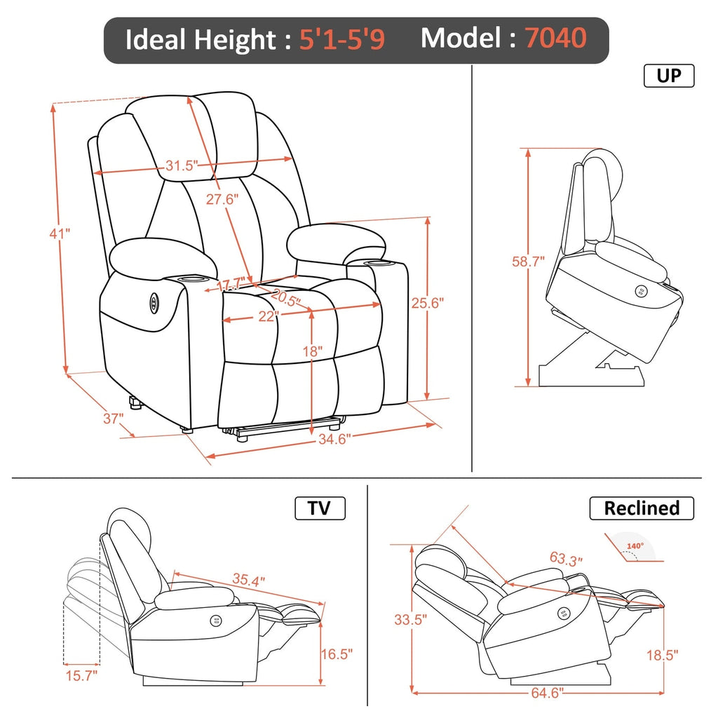 Fauteuil inclinable électrique MCombo avec massage et chauffage, 3 positions, ports USB, similicuir 7040