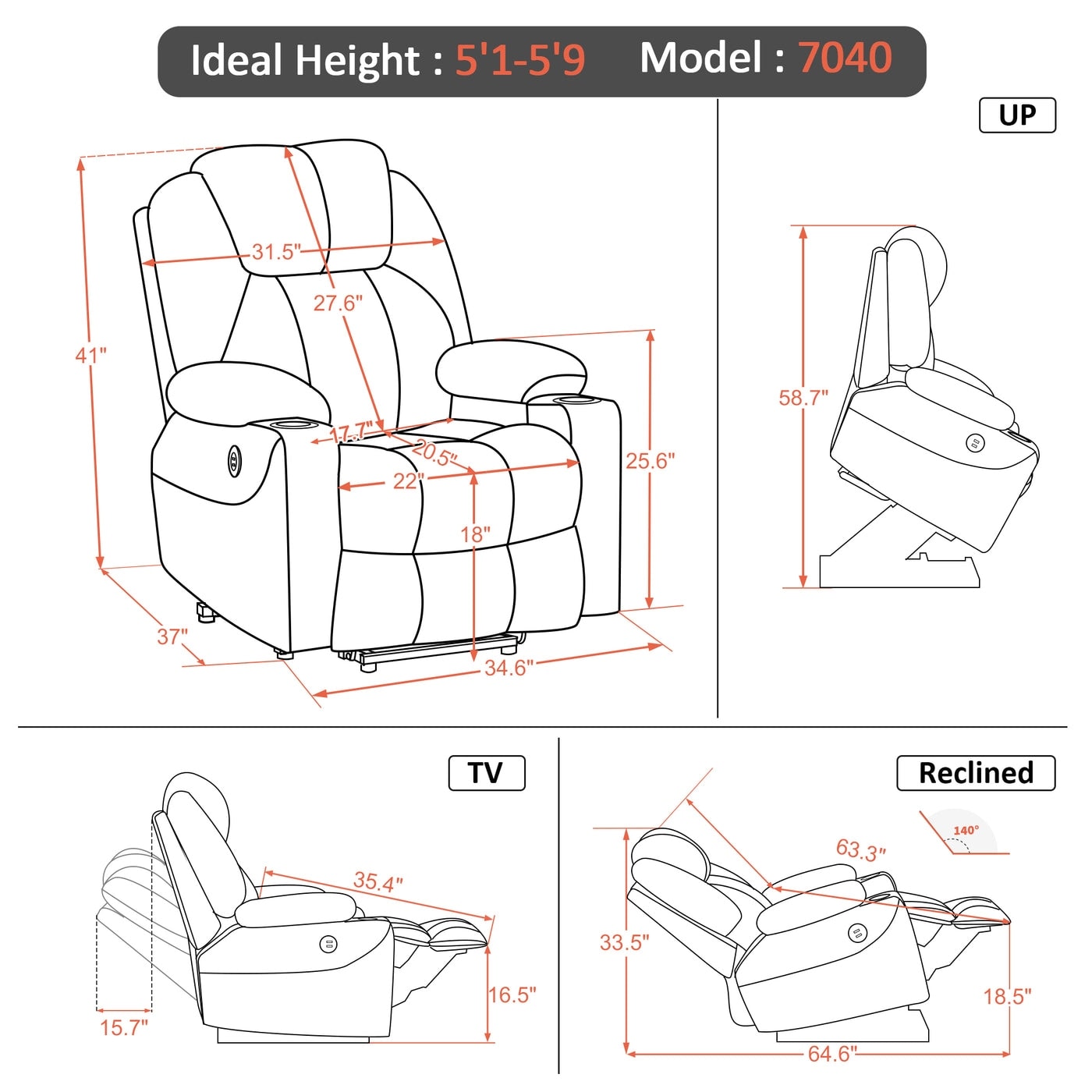 Fauteuil inclinable électrique MCombo avec massage et chauffage, 3 positions, ports USB, similicuir 7040