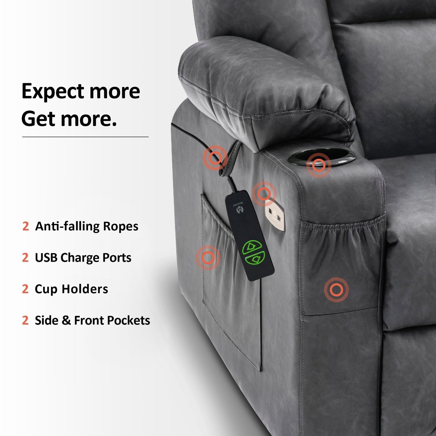 Fauteuil inclinable électrique MCombo avec repose-pieds allongé, porte-gobelets et similicuir 7507