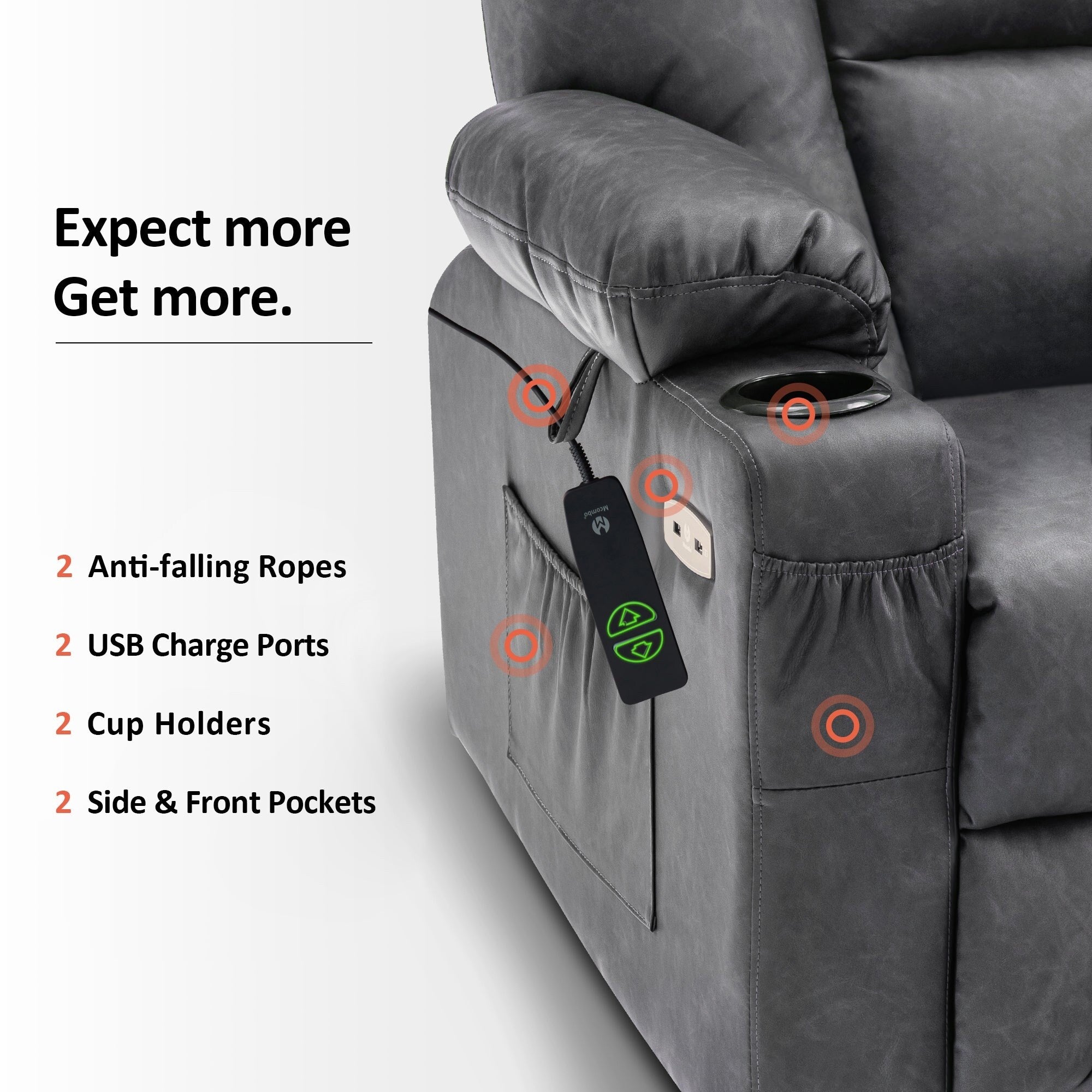 Fauteuil inclinable électrique MCombo avec repose-pieds allongé, porte-gobelets et similicuir 7507