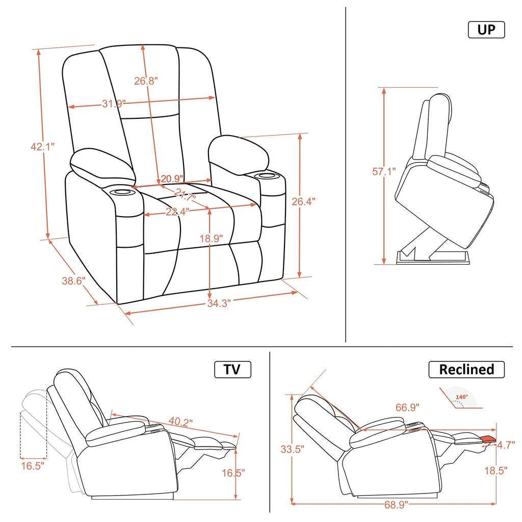 Fauteuil inclinable électrique MCombo avec repose-pieds allongé, porte-gobelets et similicuir 7507
