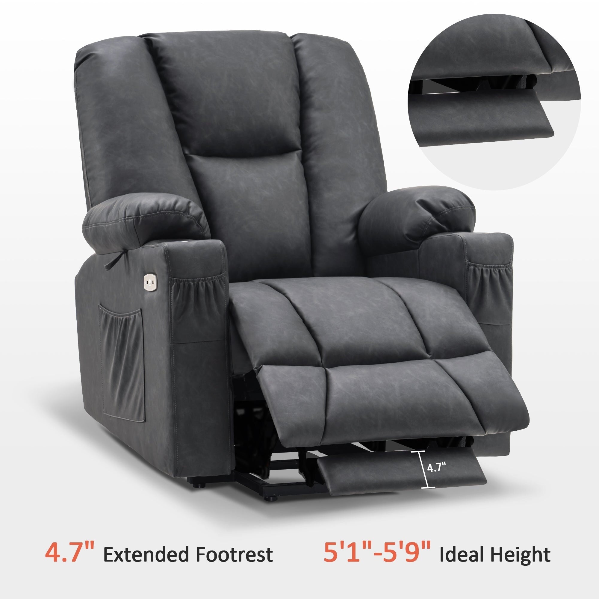 Fauteuil inclinable électrique MCombo avec repose-pieds allongé, porte-gobelets et similicuir 7507