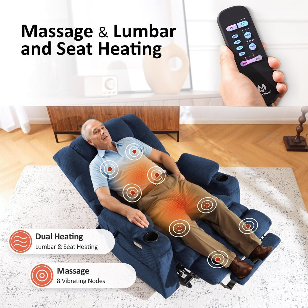 Fauteuil inclinable électrique à double moteur MCombo, grand format, avec massage et double chauffage, pour personnes âgées de grande taille, tissu 7634