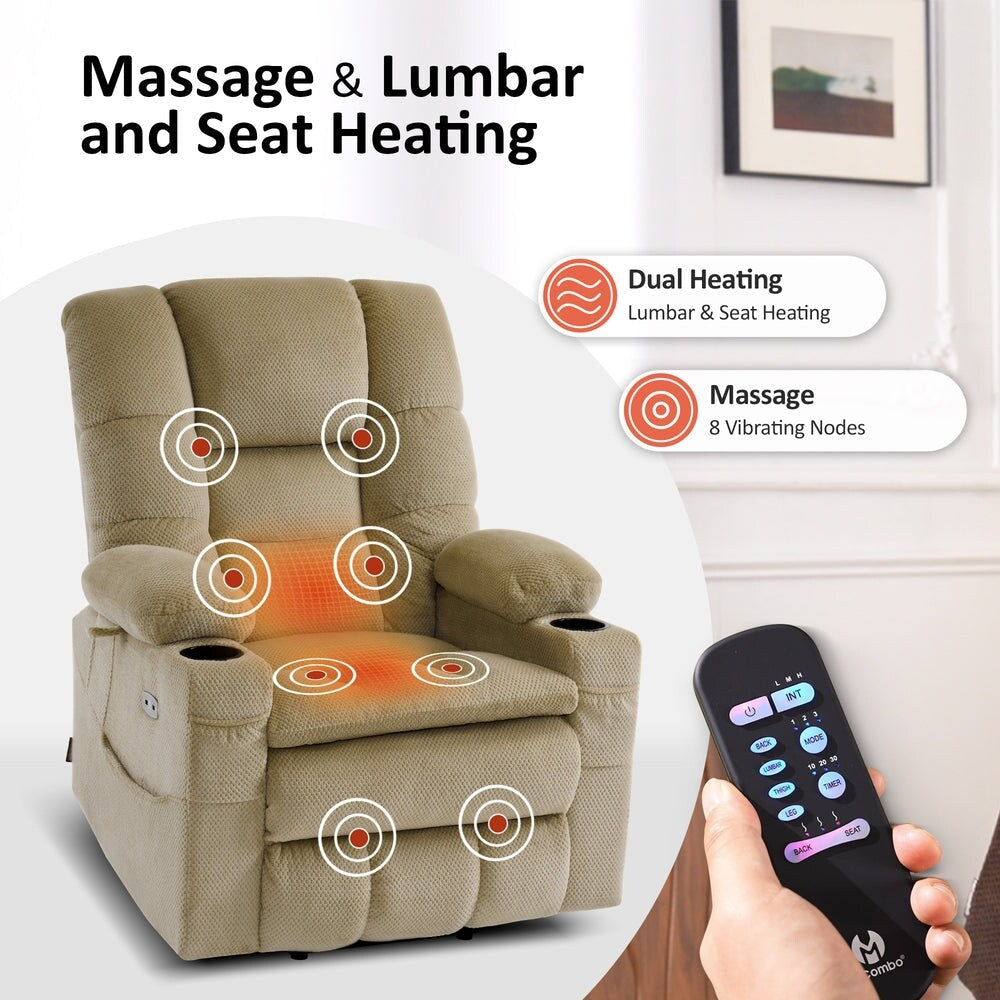 Fauteuil inclinable électrique à double moteur MCombo, grand format, avec massage et double chauffage, pour personnes âgées de grande taille, tissu 7634