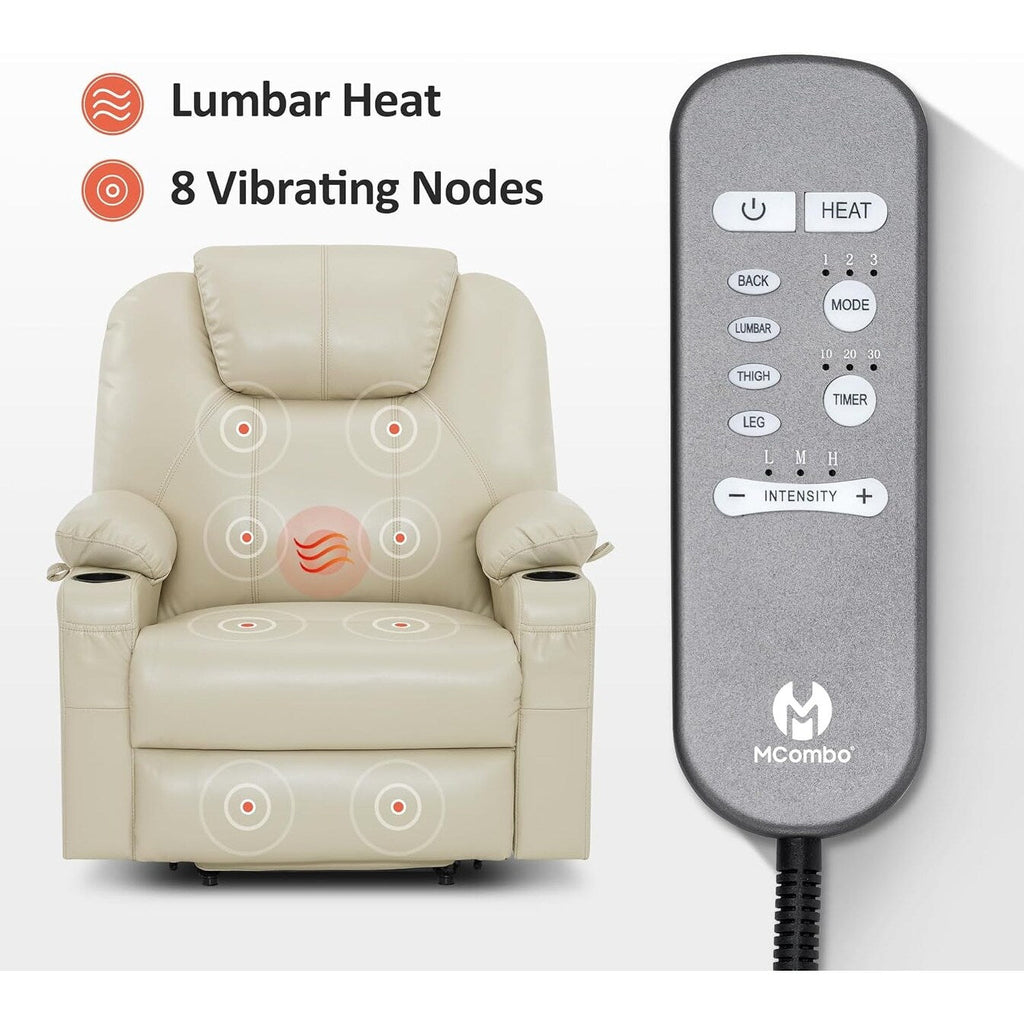 Fauteuil inclinable électrique MCombo de largeur moyenne avec massage et chauffage pour personnes âgées, similicuir R7045