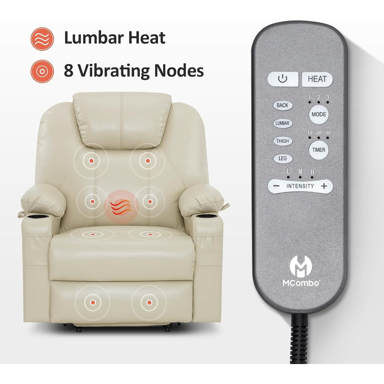 Fauteuil inclinable électrique MCombo de largeur moyenne avec massage et chauffage pour personnes âgées, similicuir R7045