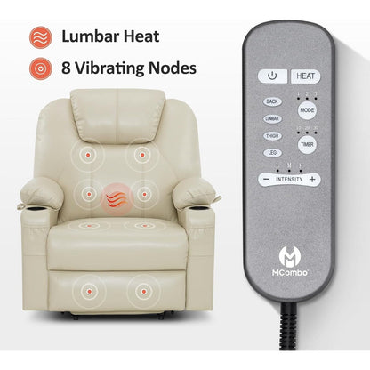 Fauteuil inclinable électrique MCombo de largeur moyenne avec massage et chauffage pour personnes âgées, similicuir R7045