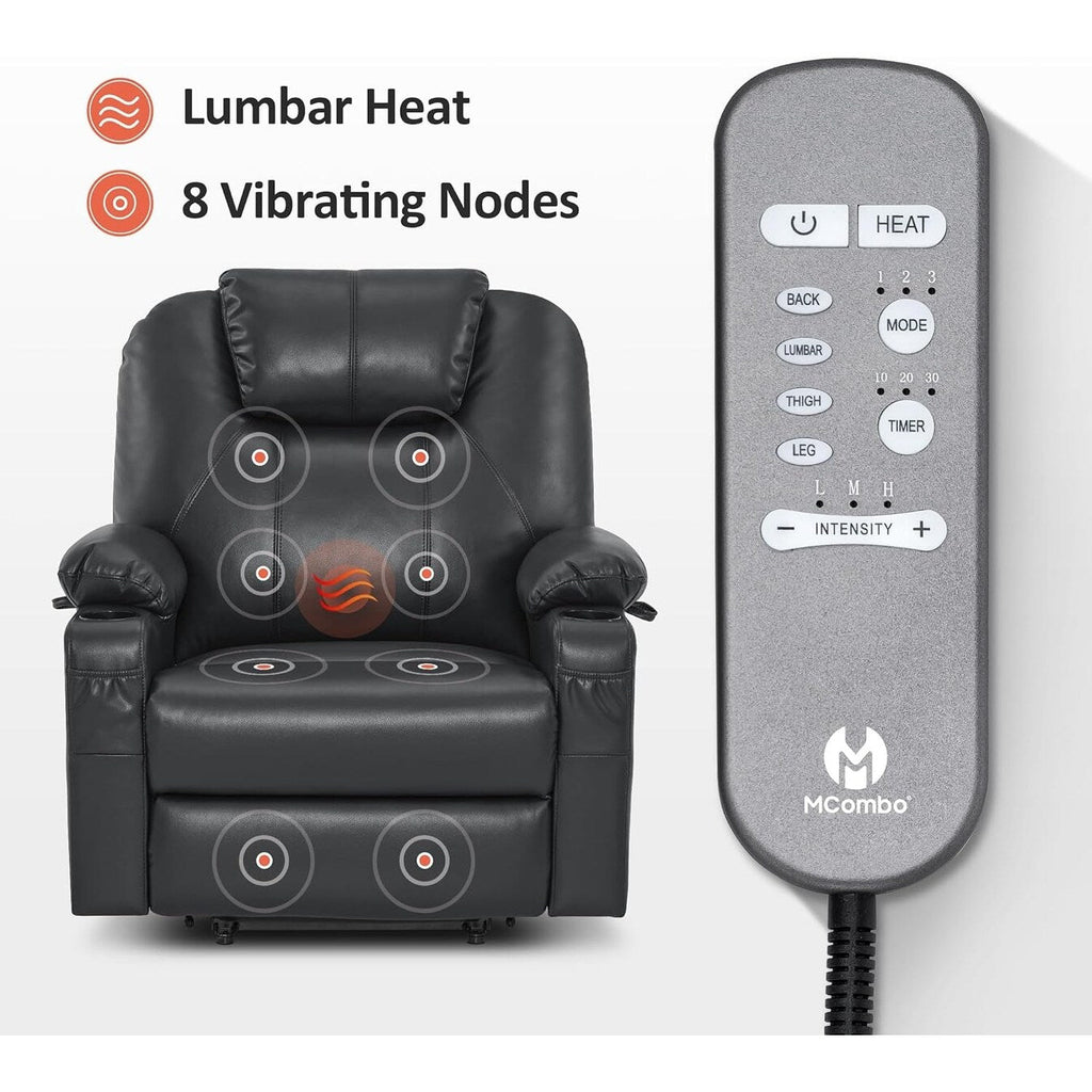 Fauteuil inclinable électrique MCombo de largeur moyenne avec massage et chauffage pour personnes âgées, similicuir R7045