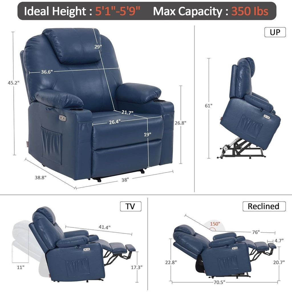 Fauteuil inclinable électrique MCombo de largeur moyenne avec massage et chauffage pour personnes âgées, similicuir R7045