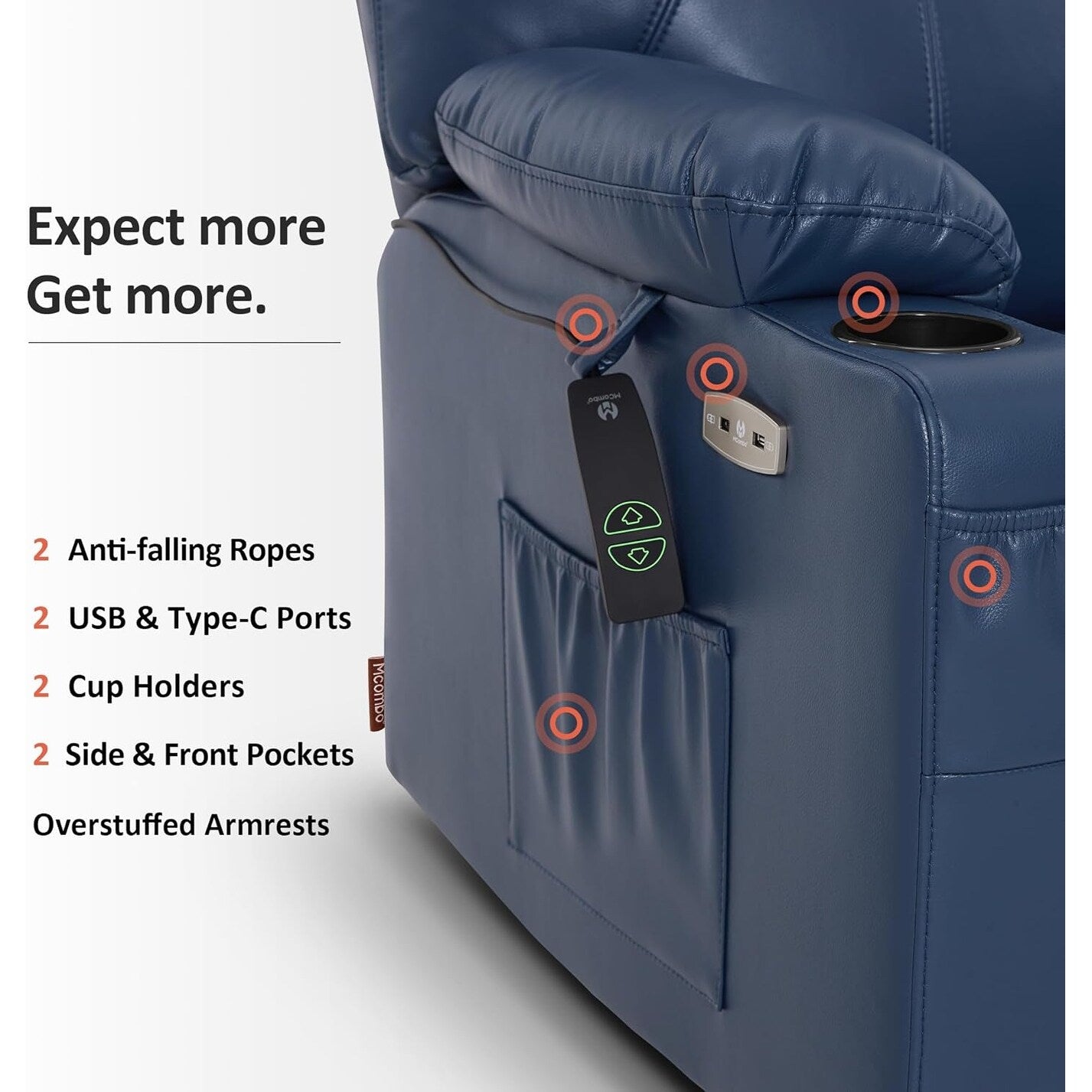 Fauteuil inclinable électrique MCombo de largeur moyenne avec massage et chauffage pour personnes âgées, similicuir R7045