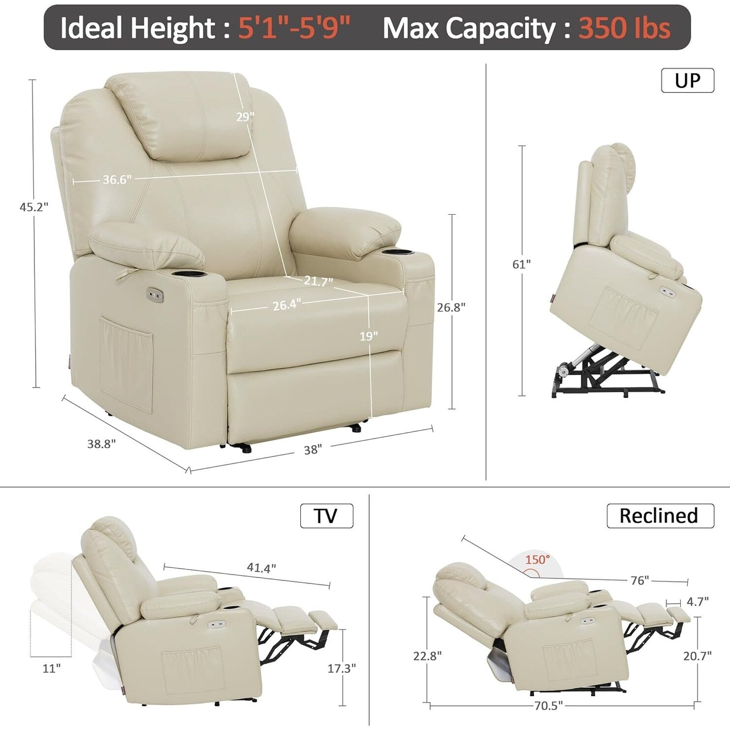 Fauteuil inclinable électrique MCombo de largeur moyenne avec massage et chauffage pour personnes âgées, similicuir R7045