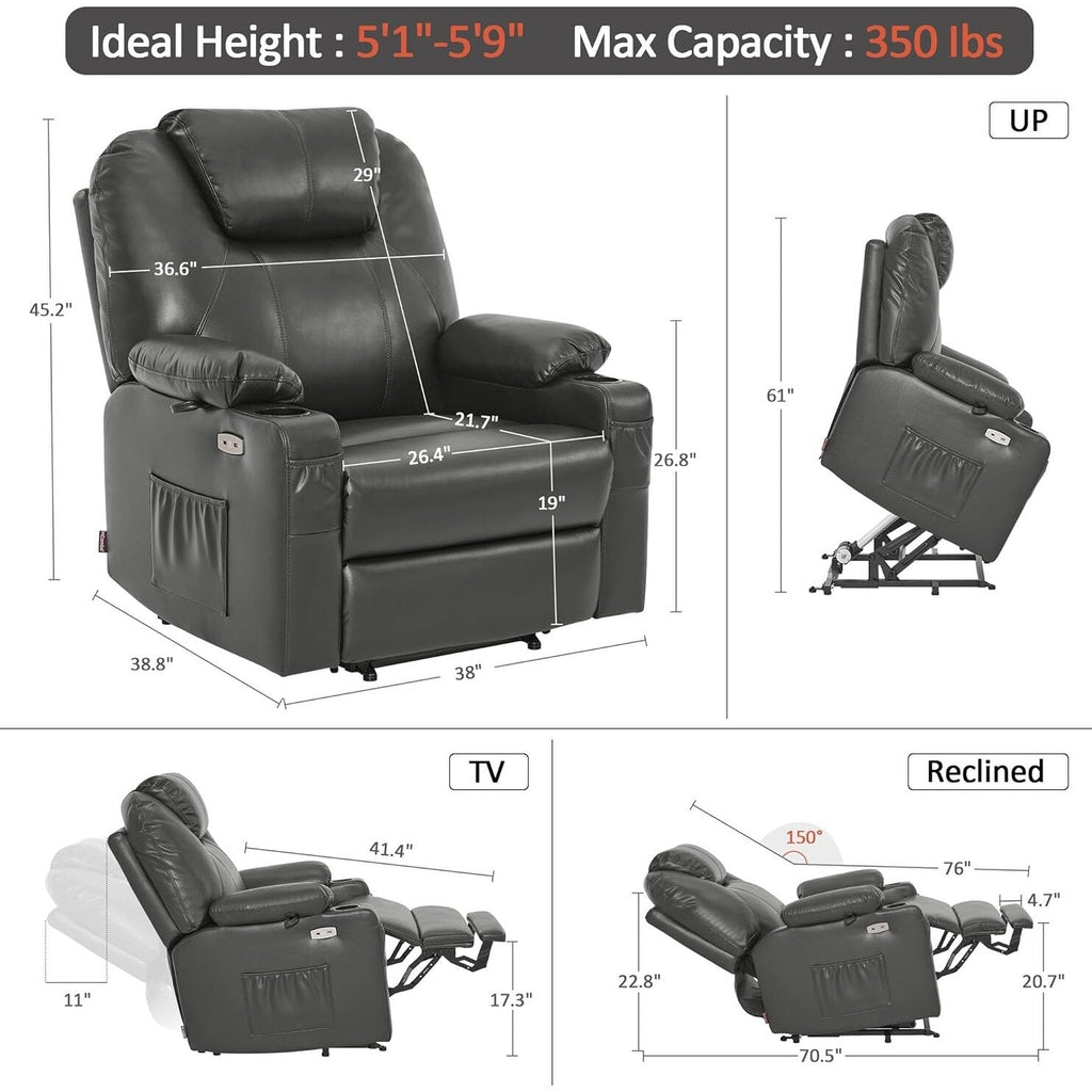 Fauteuil inclinable électrique MCombo de largeur moyenne avec massage et chauffage pour personnes âgées, similicuir R7045