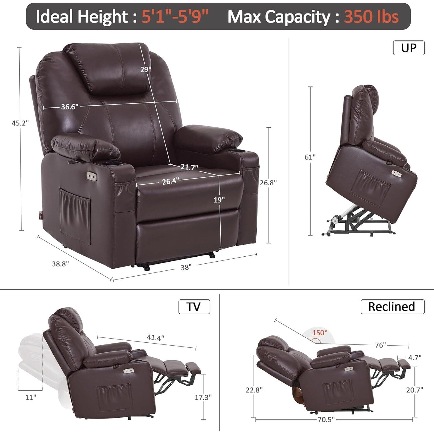 Fauteuil inclinable électrique MCombo de largeur moyenne avec massage et chauffage pour personnes âgées, similicuir R7045