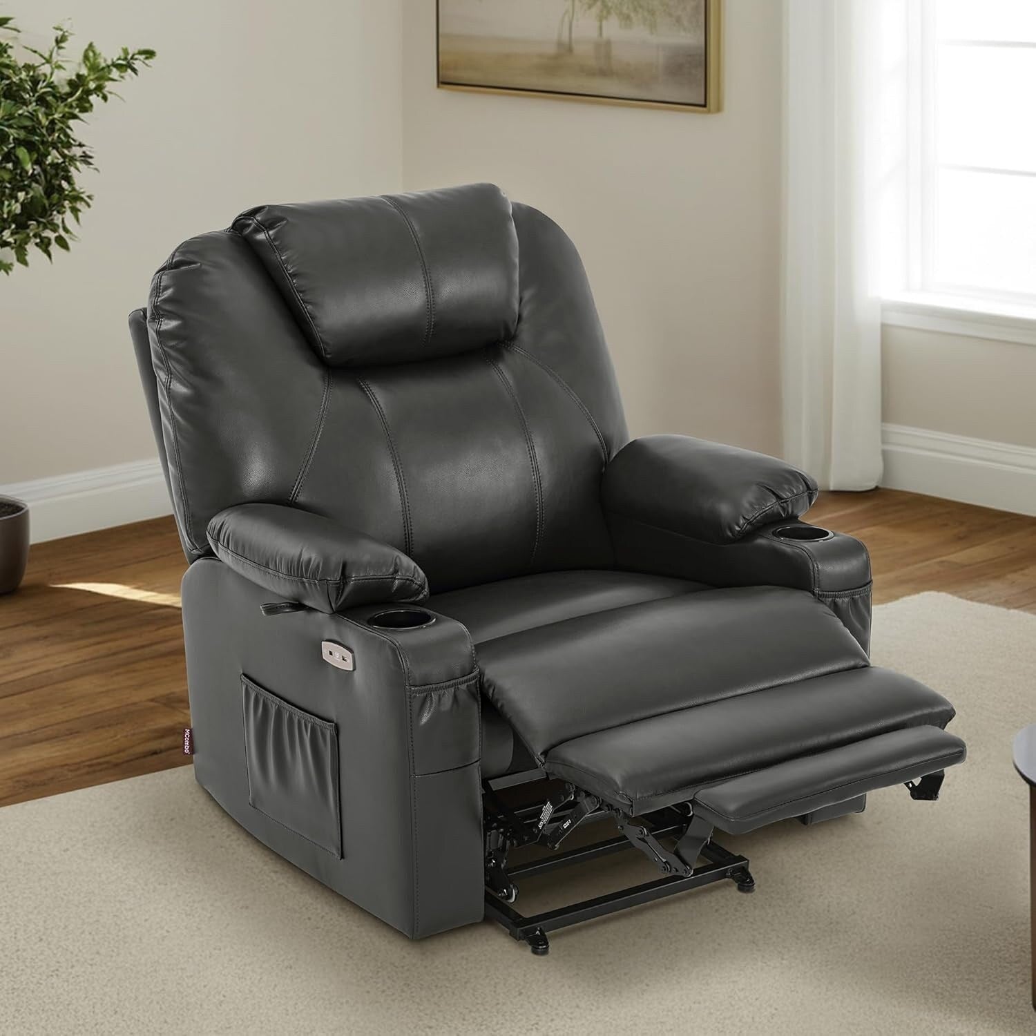 Fauteuil inclinable électrique MCombo de largeur moyenne avec massage et chauffage pour personnes âgées, similicuir R7045
