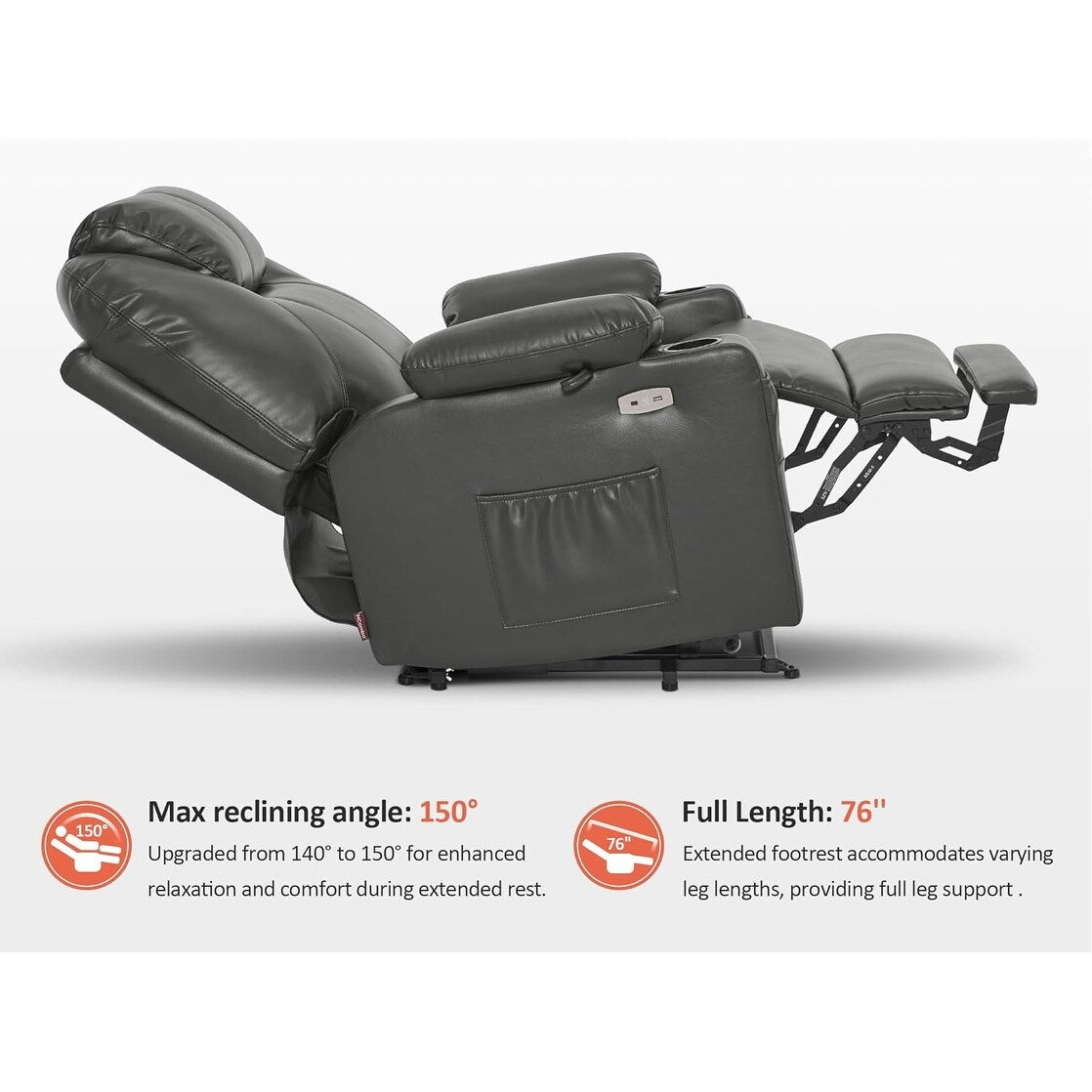 Fauteuil inclinable électrique MCombo de largeur moyenne avec massage et chauffage pour personnes âgées, similicuir R7045