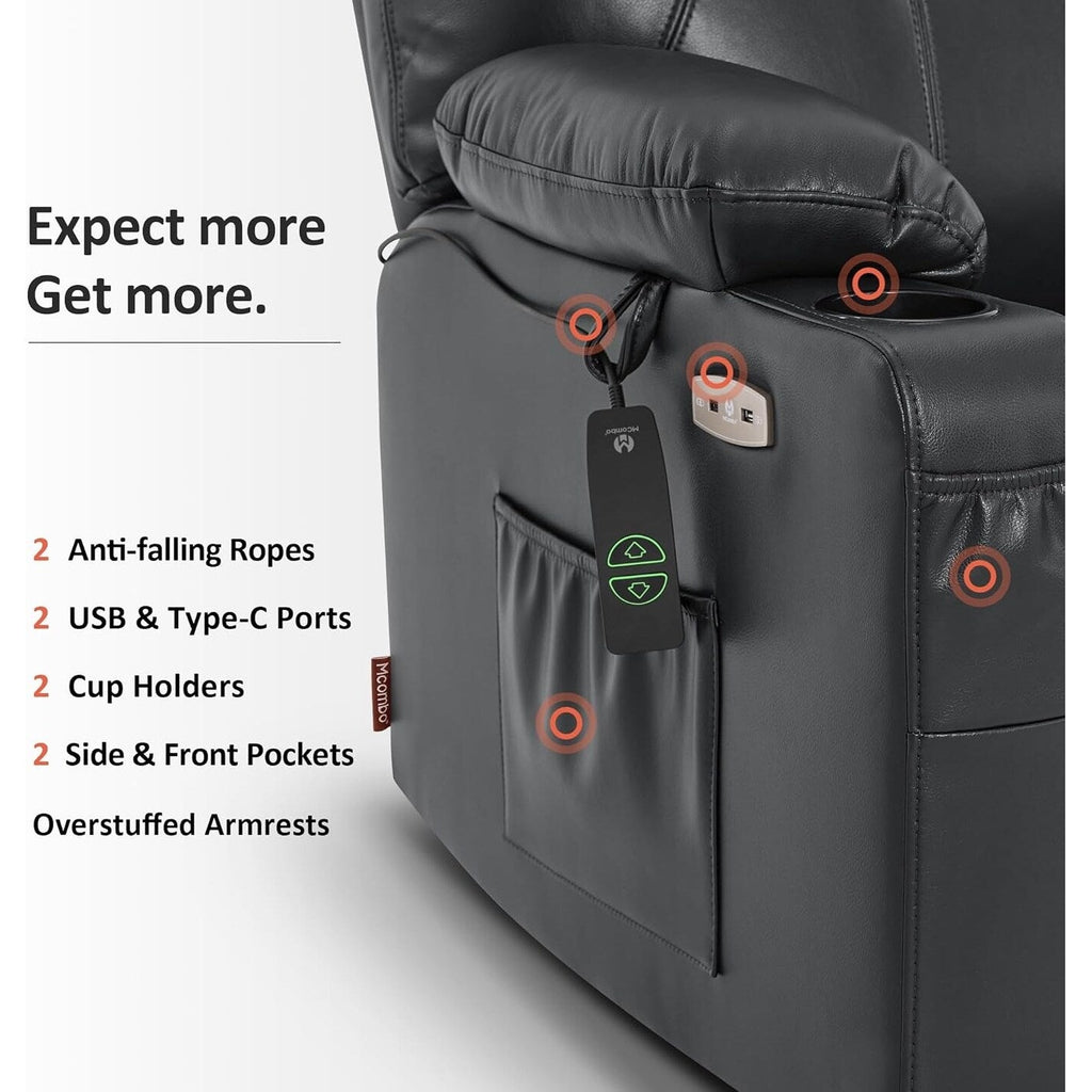 Fauteuil inclinable électrique MCombo de largeur moyenne avec massage et chauffage pour personnes âgées, similicuir R7045