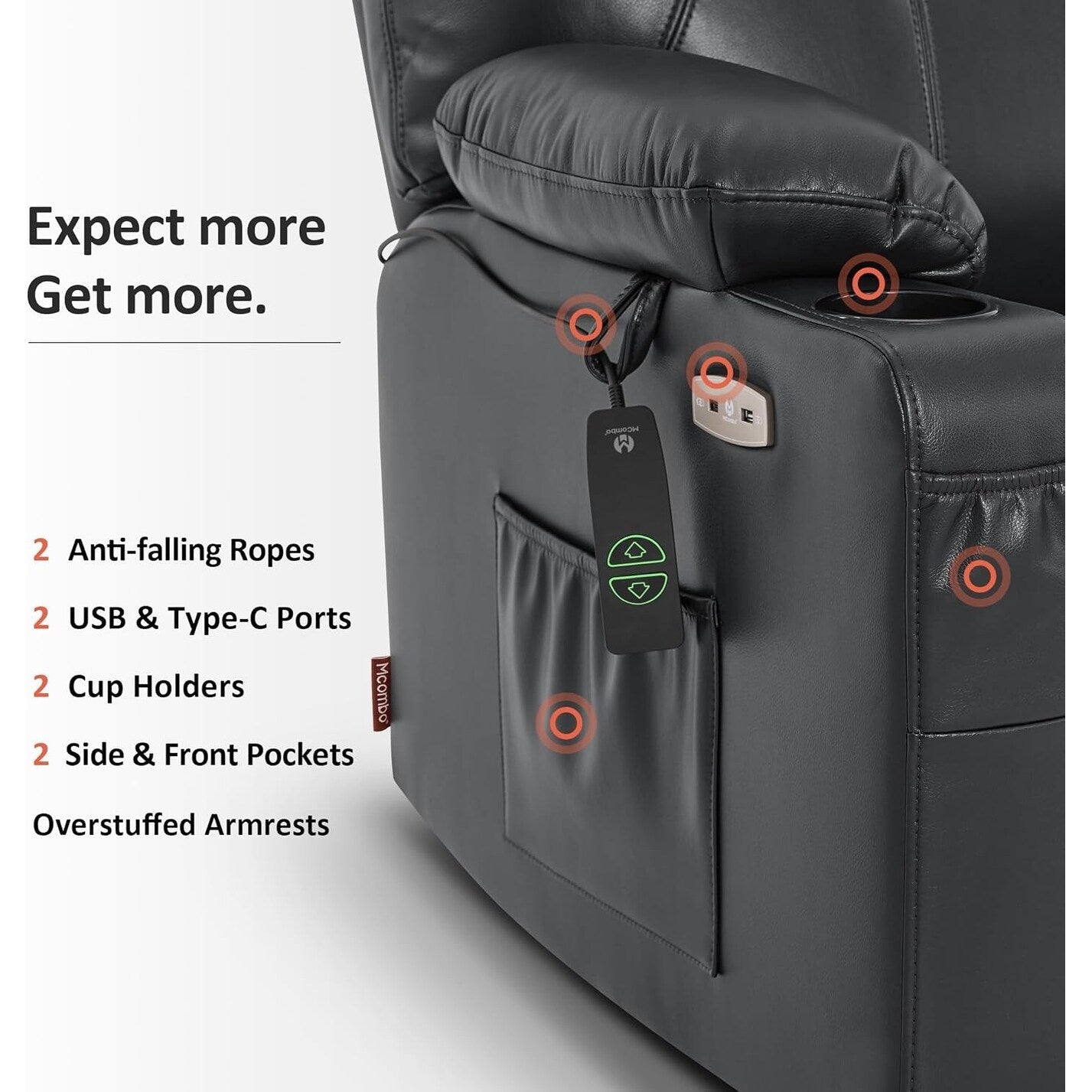 Fauteuil inclinable électrique MCombo de largeur moyenne avec massage et chauffage pour personnes âgées, similicuir R7045