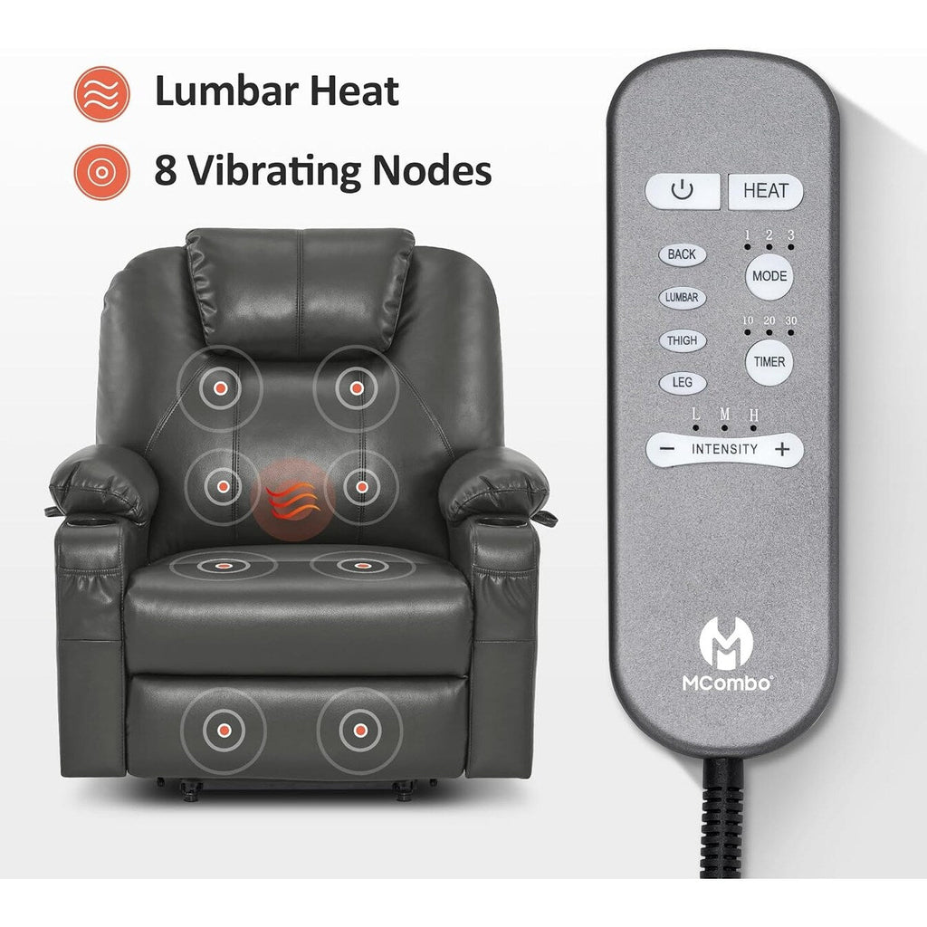 Fauteuil inclinable électrique MCombo de largeur moyenne avec massage et chauffage pour personnes âgées, similicuir R7045