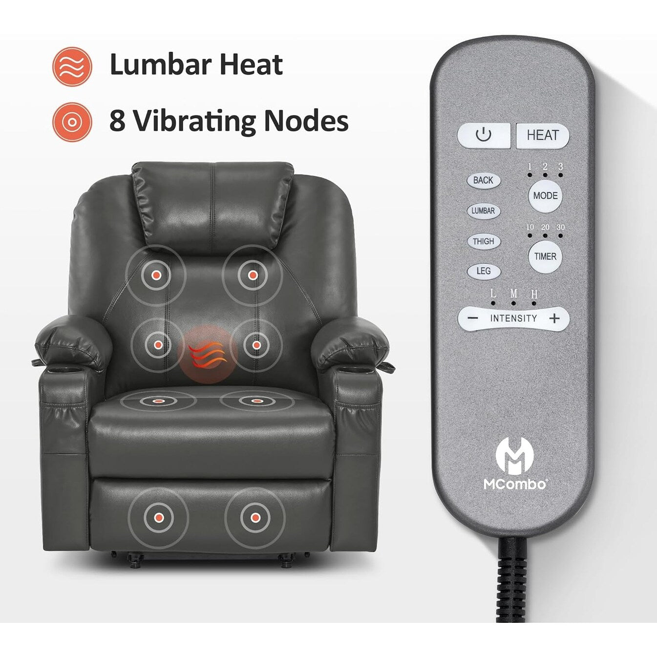 Fauteuil inclinable électrique MCombo de largeur moyenne avec massage et chauffage pour personnes âgées, similicuir R7045