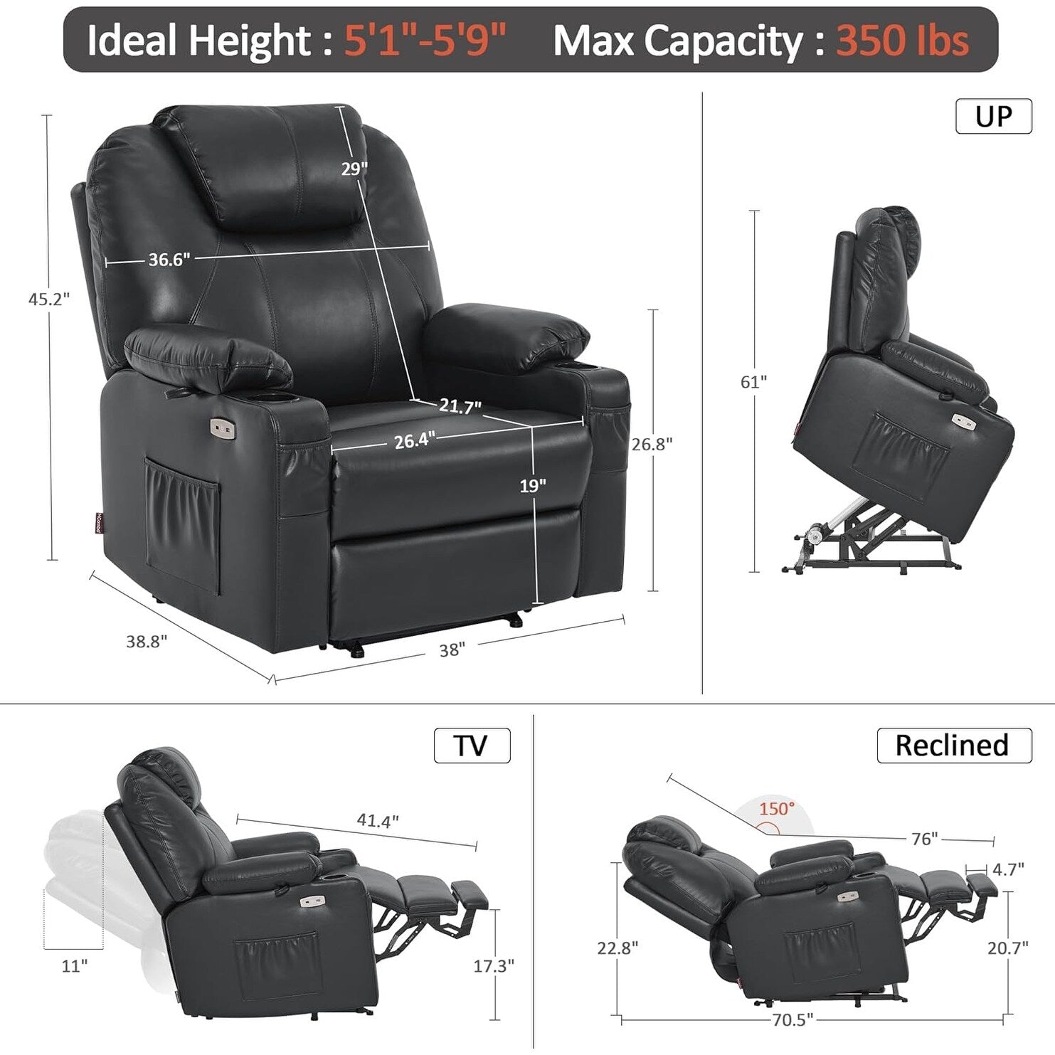 Fauteuil inclinable électrique MCombo de largeur moyenne avec massage et chauffage pour personnes âgées, similicuir R7045