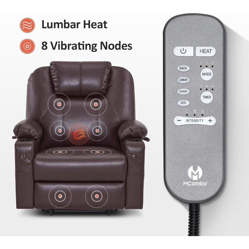 Fauteuil inclinable électrique MCombo de largeur moyenne avec massage et chauffage pour personnes âgées, similicuir R7045