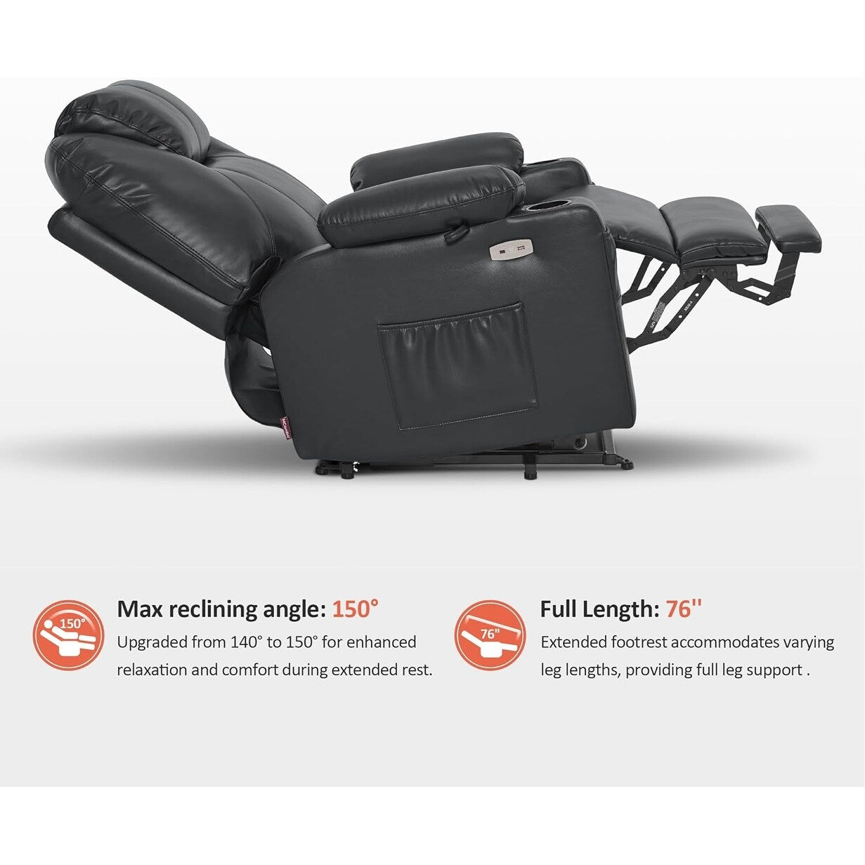 Fauteuil inclinable électrique MCombo de largeur moyenne avec massage et chauffage pour personnes âgées, similicuir R7045
