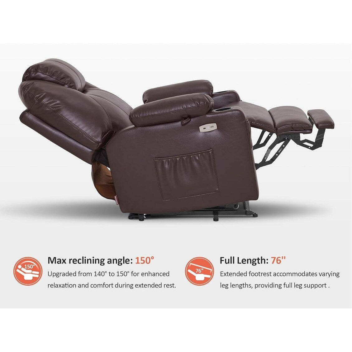 Fauteuil inclinable électrique MCombo de largeur moyenne avec massage et chauffage pour personnes âgées, similicuir R7045