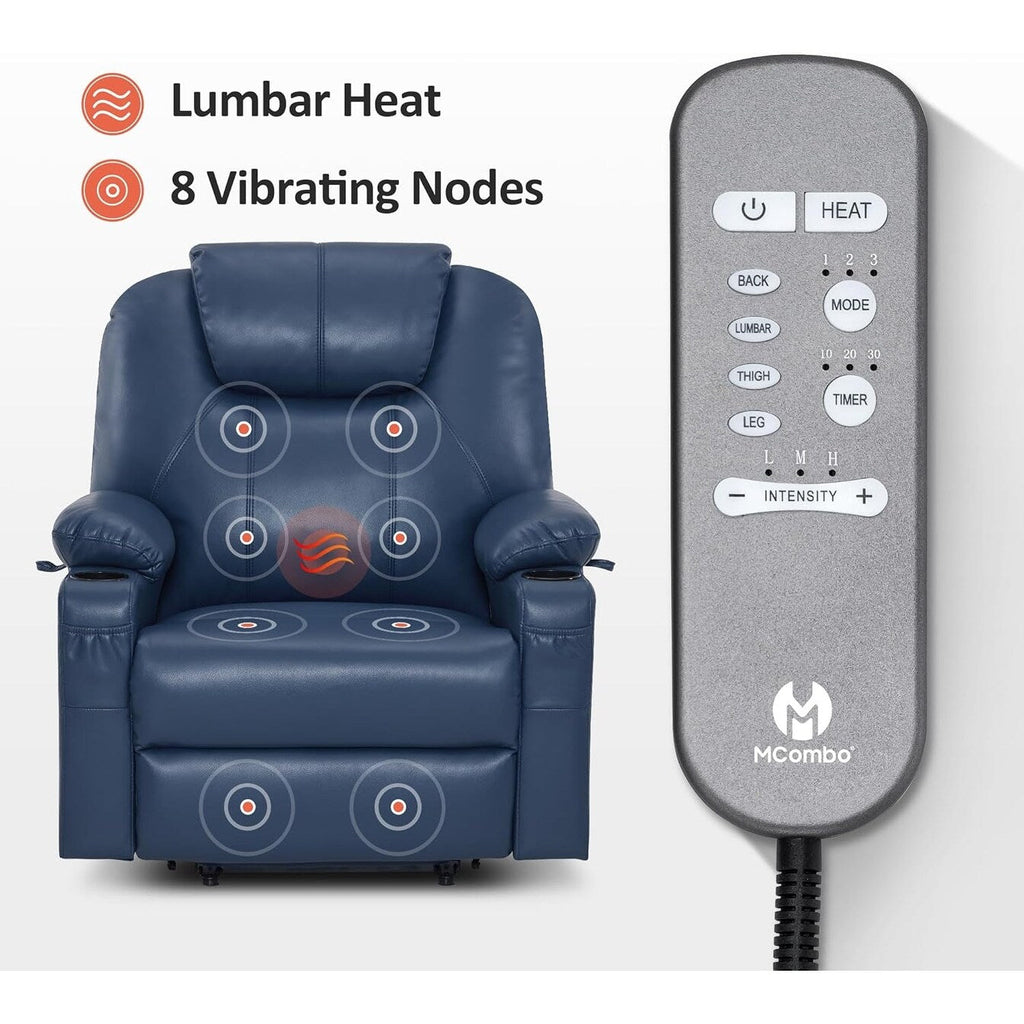 Fauteuil inclinable électrique MCombo de largeur moyenne avec massage et chauffage pour personnes âgées, similicuir R7045