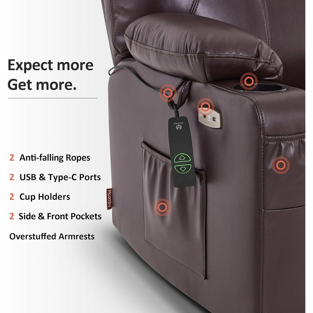 Fauteuil inclinable électrique MCombo de largeur moyenne avec massage et chauffage pour personnes âgées, similicuir R7045