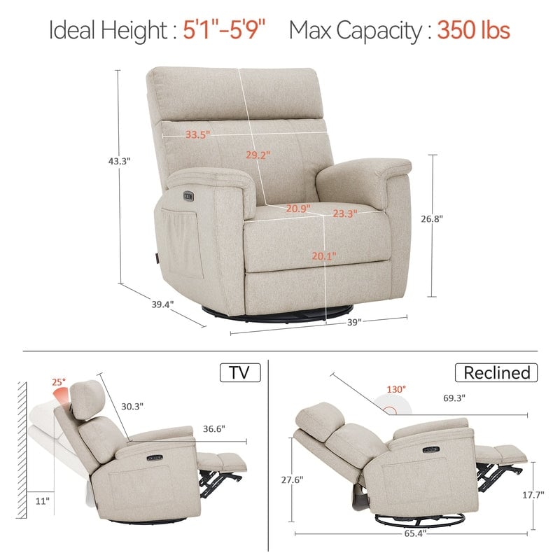 Fauteuil inclinable pivotant et électrique MCombo pour chambre d'enfant, tissu PR601