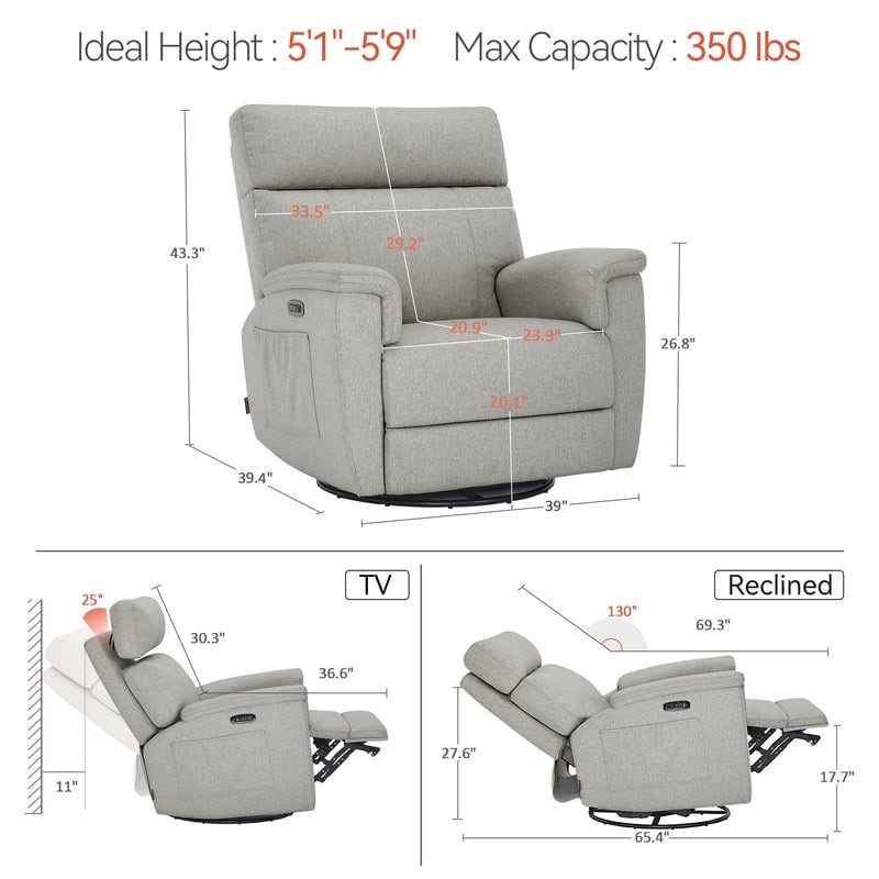 Fauteuil inclinable pivotant et électrique MCombo pour chambre d'enfant, tissu PR601
