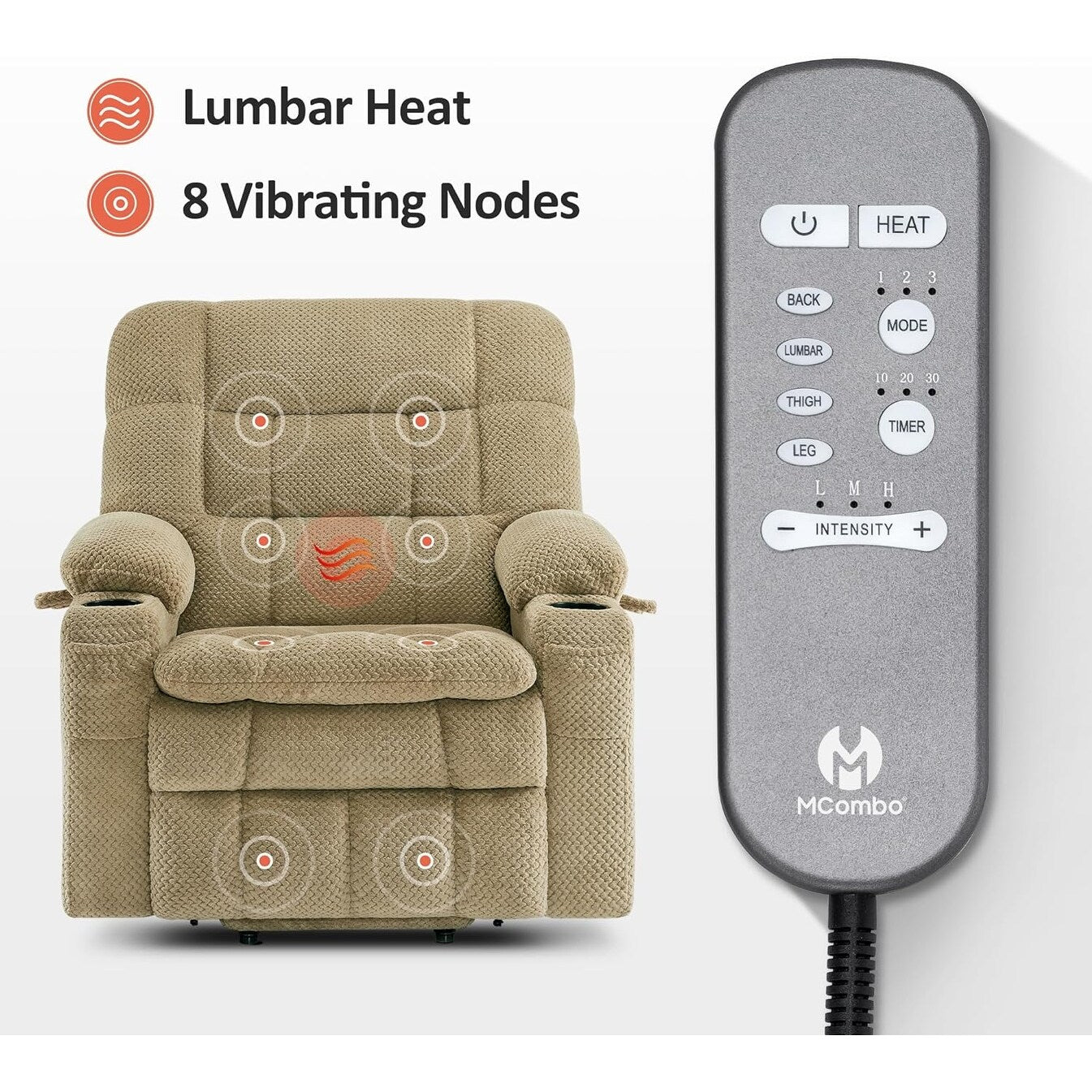 Fauteuil inclinable électrique à double moteur MCombo avec massage et chauffage, positions infinies, tissu R7894 (petit-large)