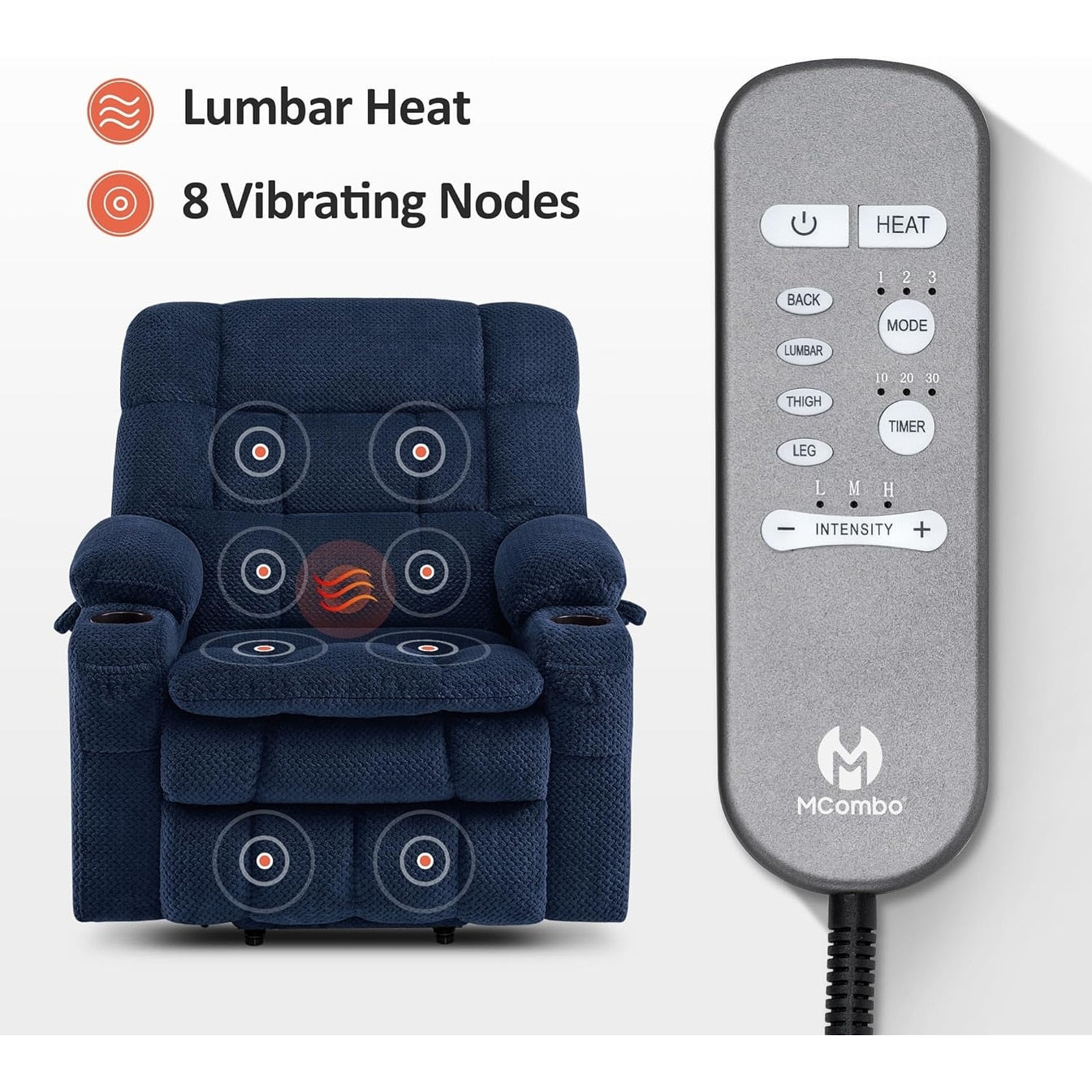 Fauteuil inclinable électrique à double moteur MCombo avec massage et chauffage, positions infinies, tissu R7894 (petit-large)