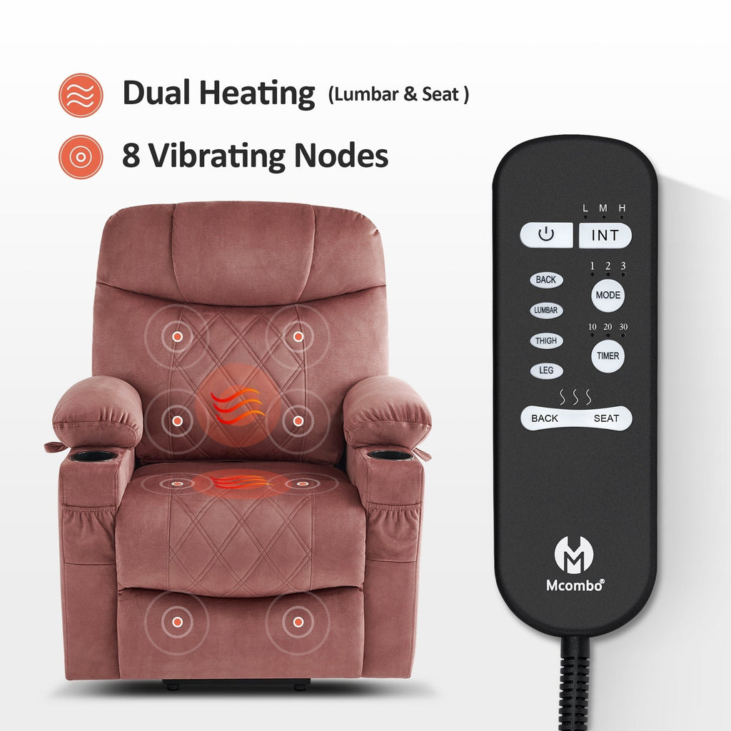 Fauteuil inclinable électrique à double moteur MCombo, petit, avec massage, double chauffage, appui-tête réglable, tissu 7222