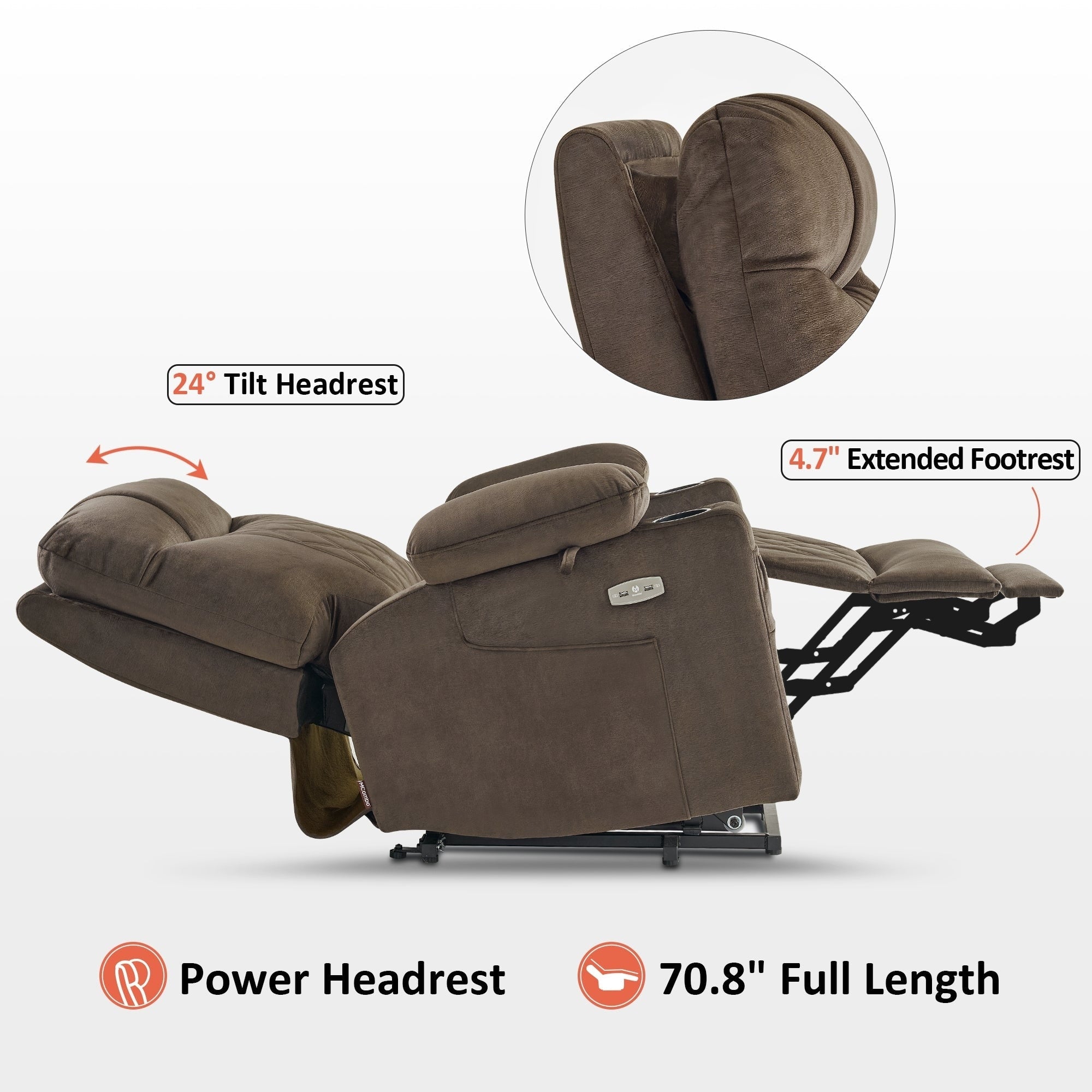 Fauteuil inclinable électrique à double moteur MCombo, petit, avec massage, double chauffage, appui-tête réglable, tissu 7222