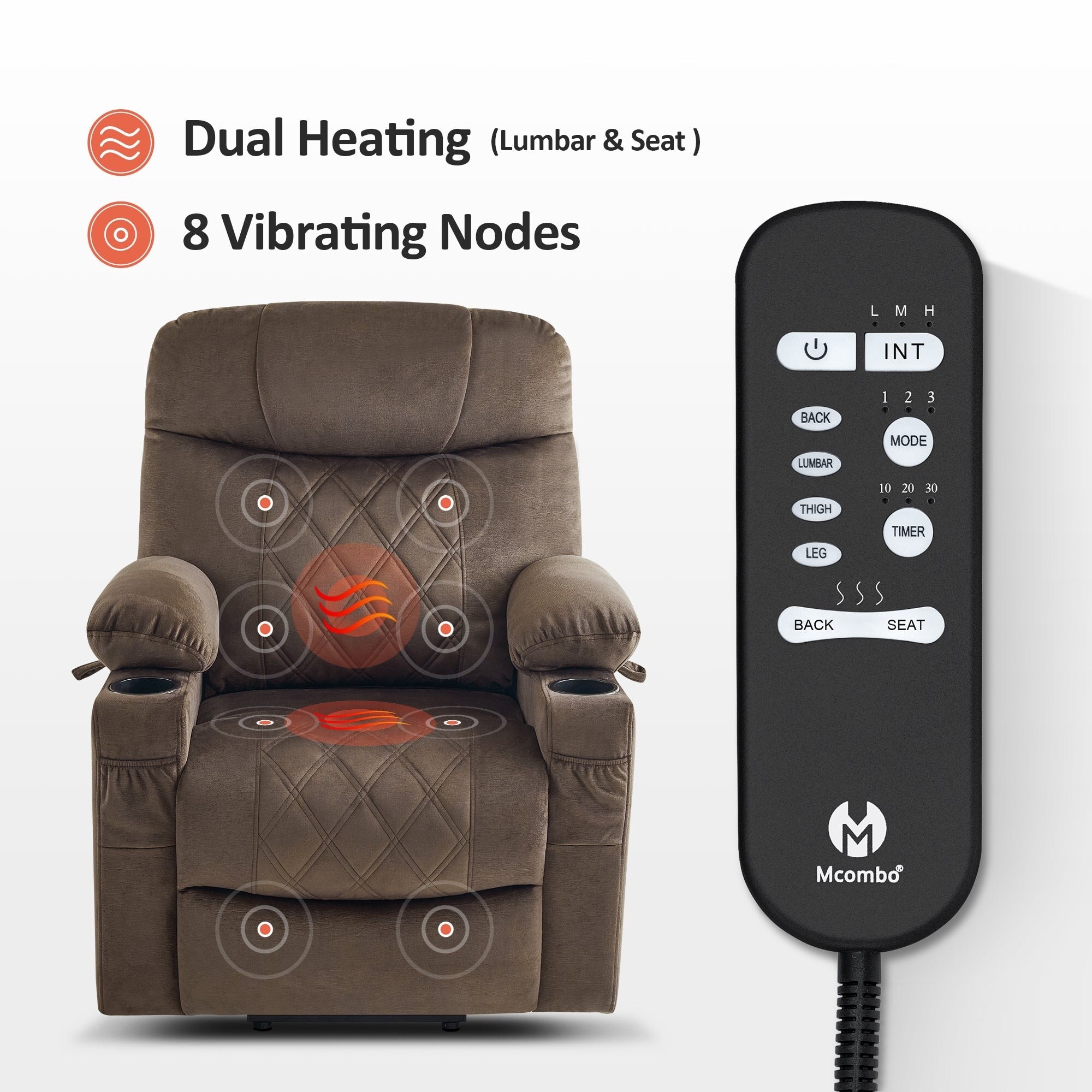Fauteuil inclinable électrique à double moteur MCombo, petit, avec massage, double chauffage, appui-tête réglable, tissu 7222
