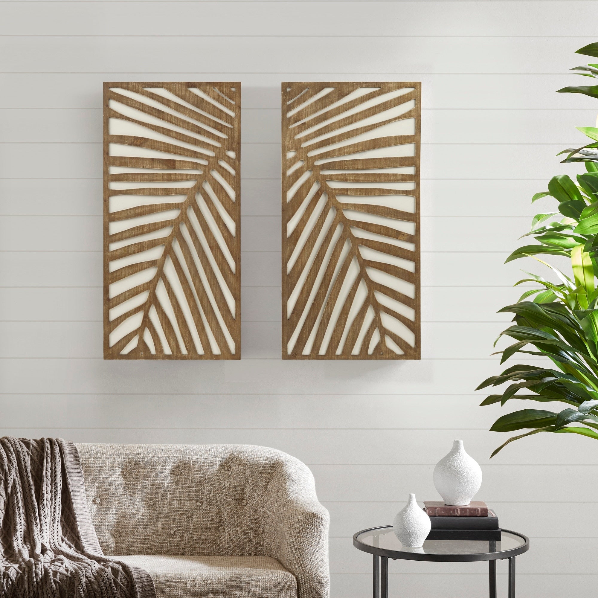 Ensemble de décoration murale en bois bicolore avec motifs botaniques de bouleau et palmiers de Madison Park