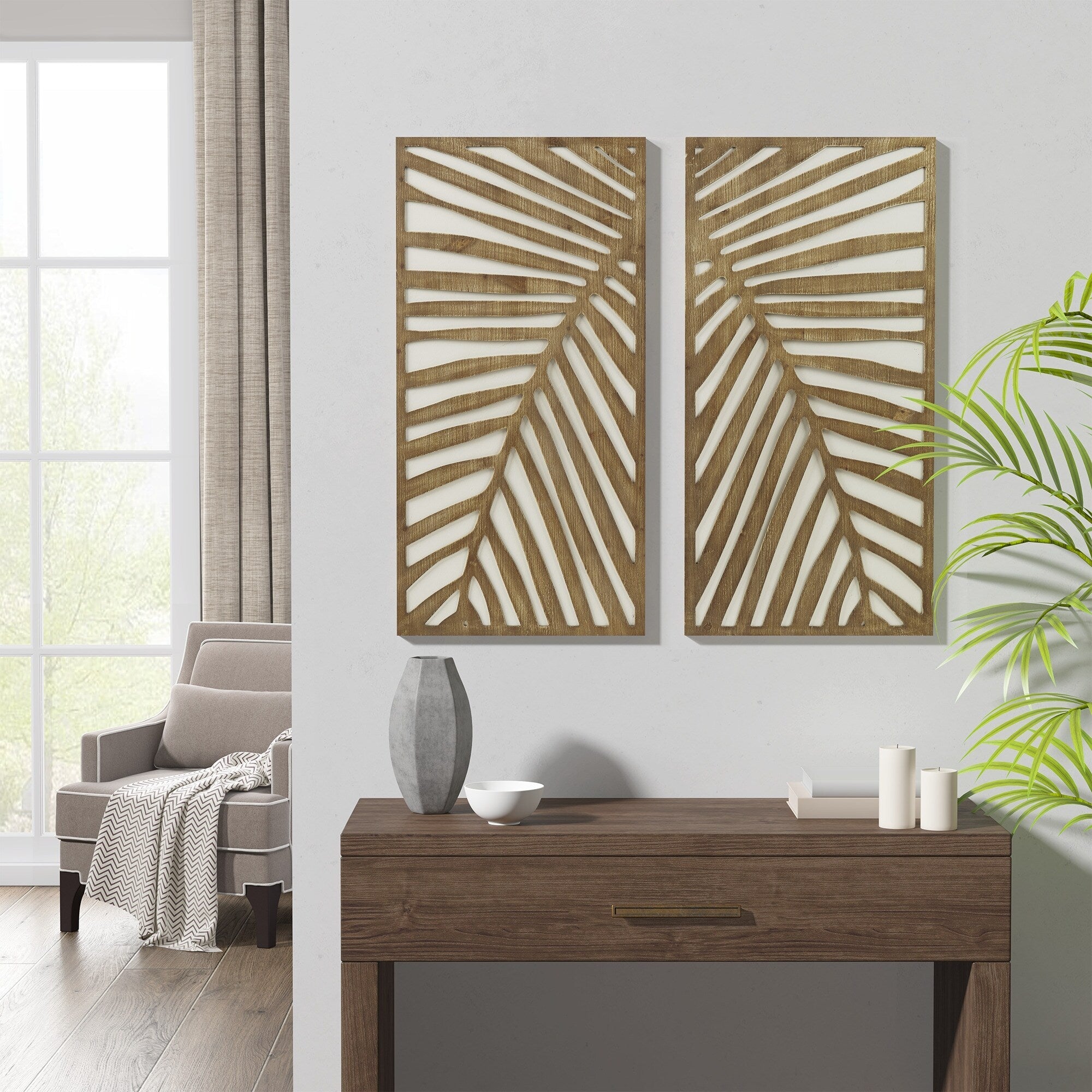 Ensemble de décoration murale en bois bicolore avec motifs botaniques de bouleau et palmiers de Madison Park