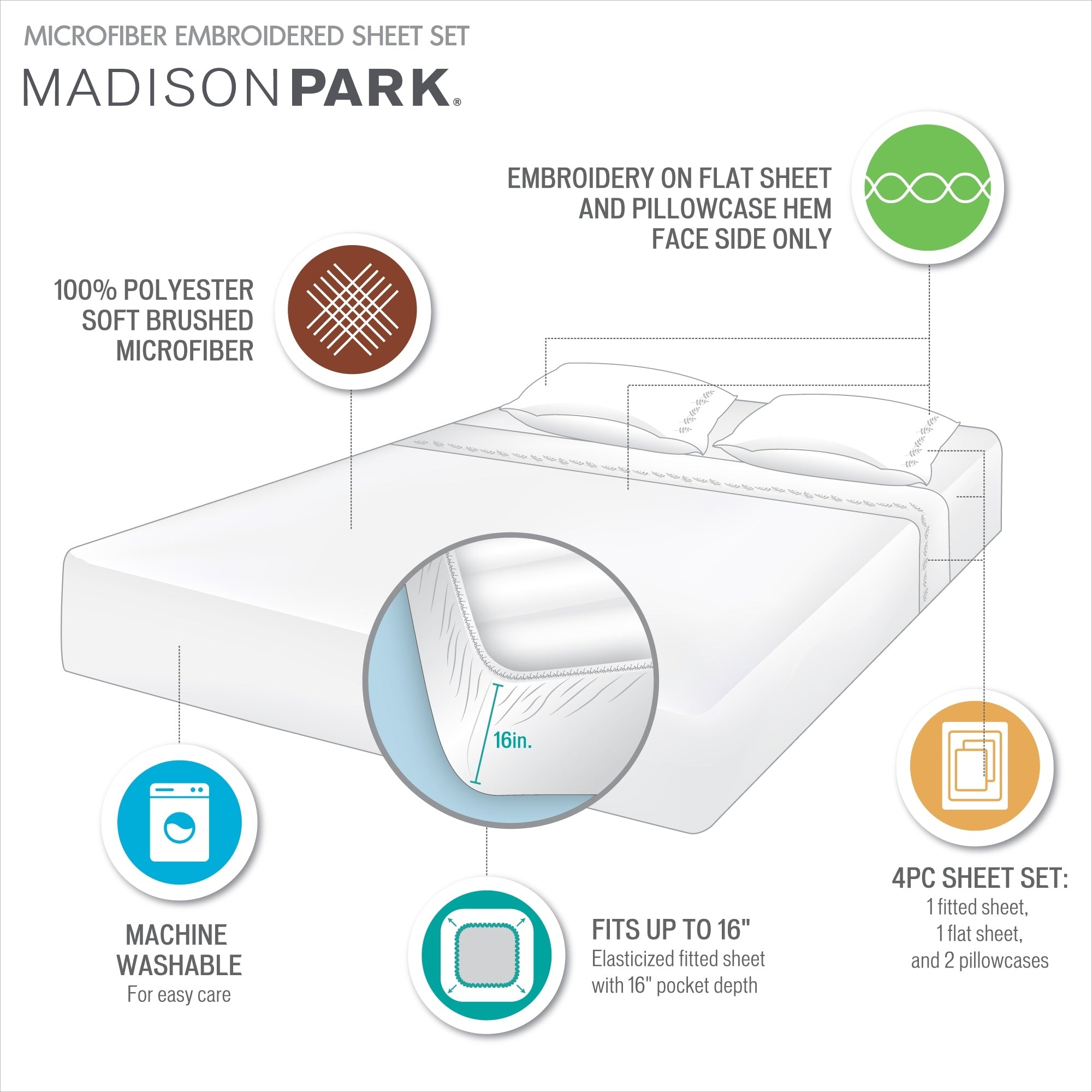 Ensemble de draps 4 pièces en microfibre brodée Madison Park