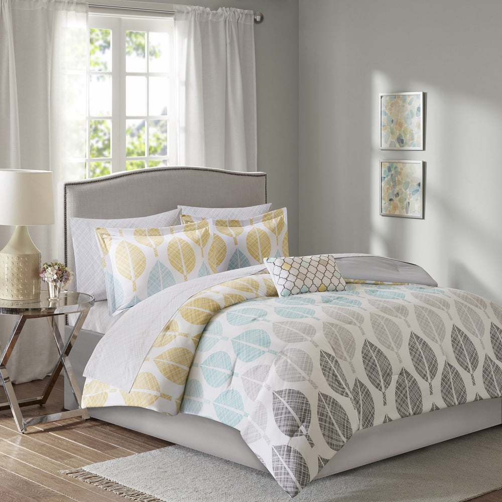 Parure de lit Madison Park Essentials Pelham Bay jaune/aqua 9 pièces avec draps en coton