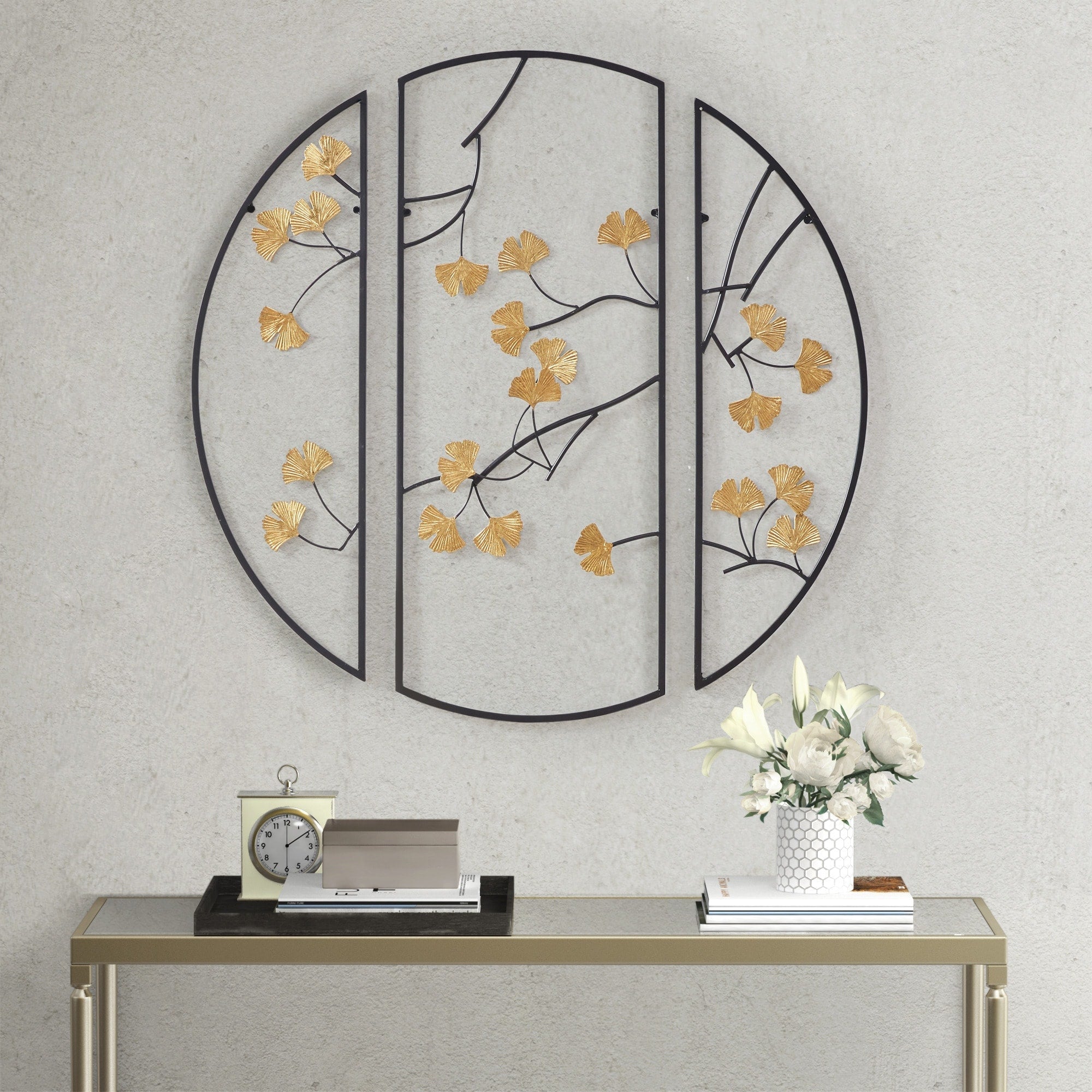 Ensemble de 3 décorations murales en métal à motifs de feuilles de ginkgo dorées de Madison Park