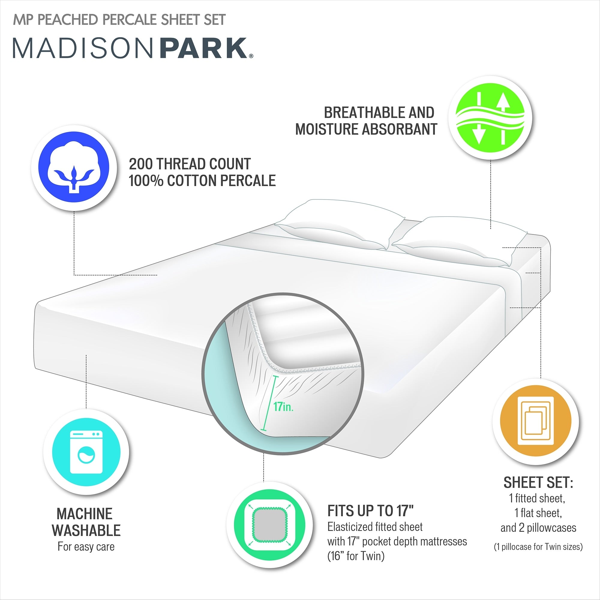 Parure de draps Madison Park en percale de coton 200 fils au pouce carré