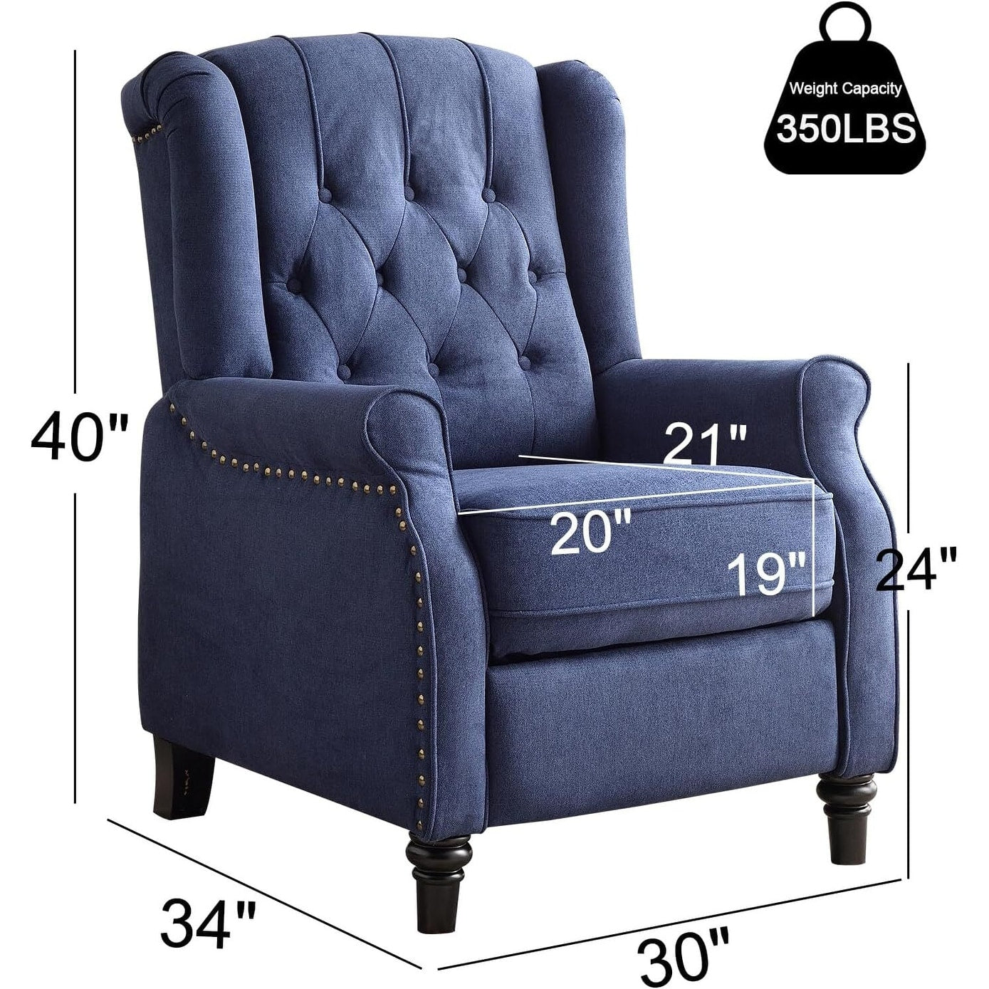 Fauteuil inclinable à dossier relevable, fauteuil en tissu avec décoration rivetée, fauteuil d'appoint simple