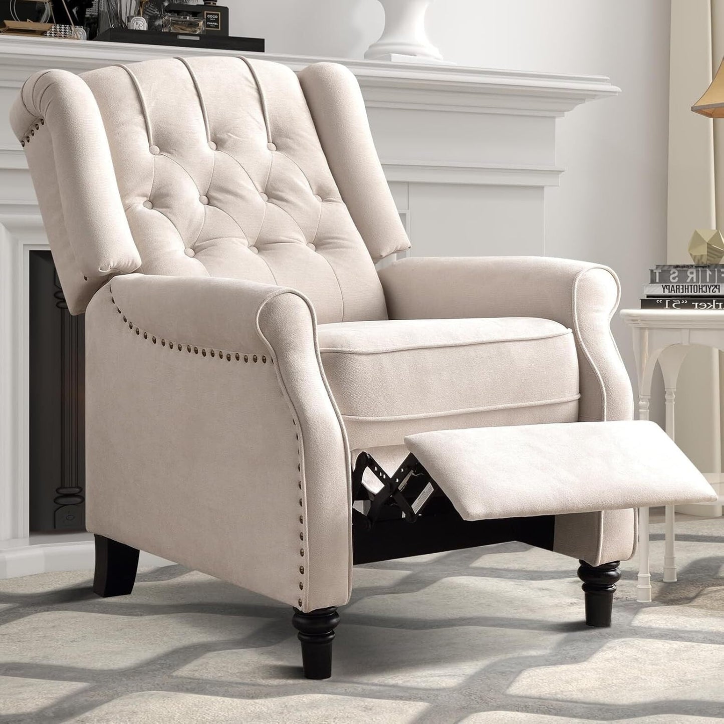 Fauteuil inclinable à dossier relevable, fauteuil en tissu avec décoration rivetée, fauteuil d'appoint simple