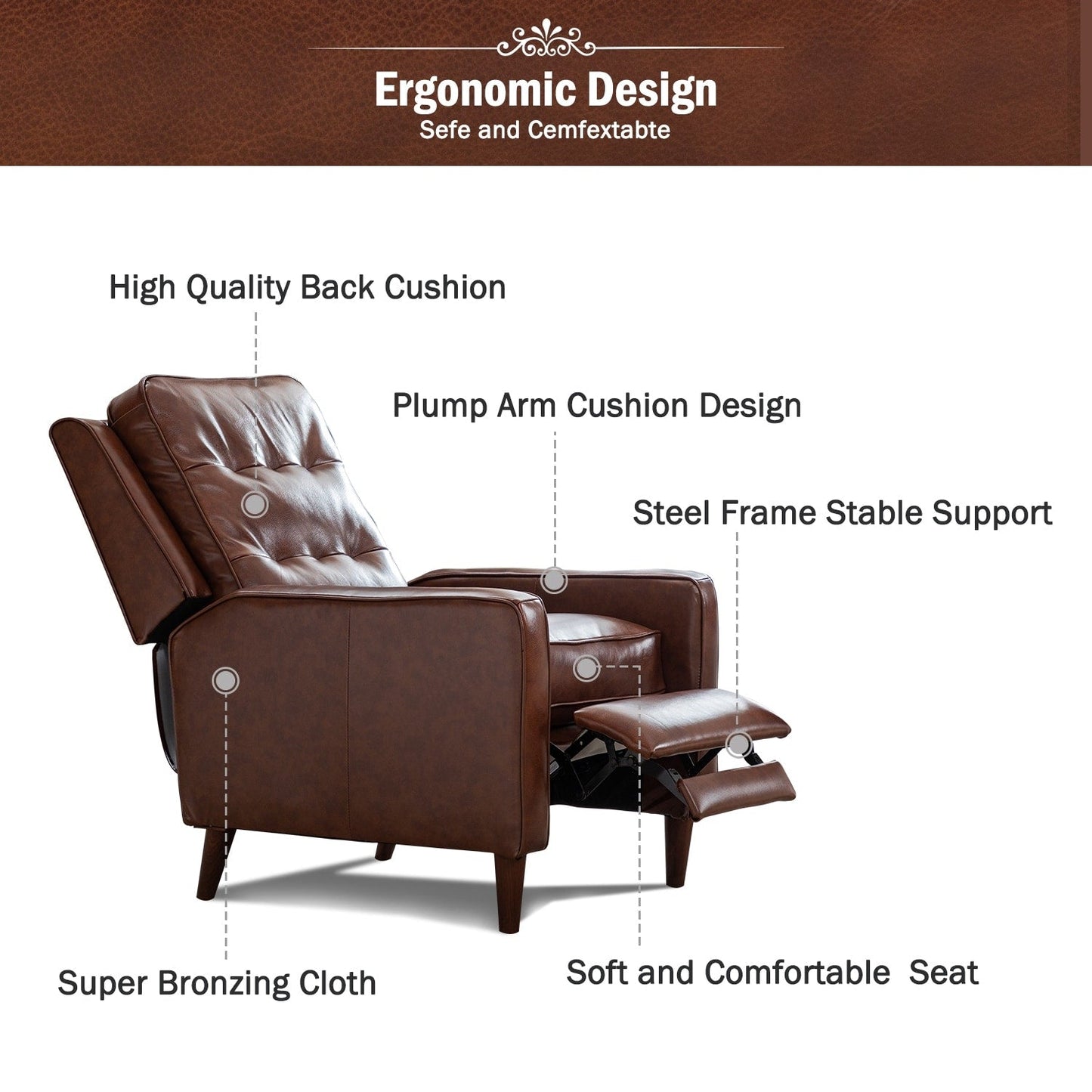 Fauteuil inclinable à dossier relevable, fauteuil en tissu avec décoration rivetée, fauteuil d'appoint simple