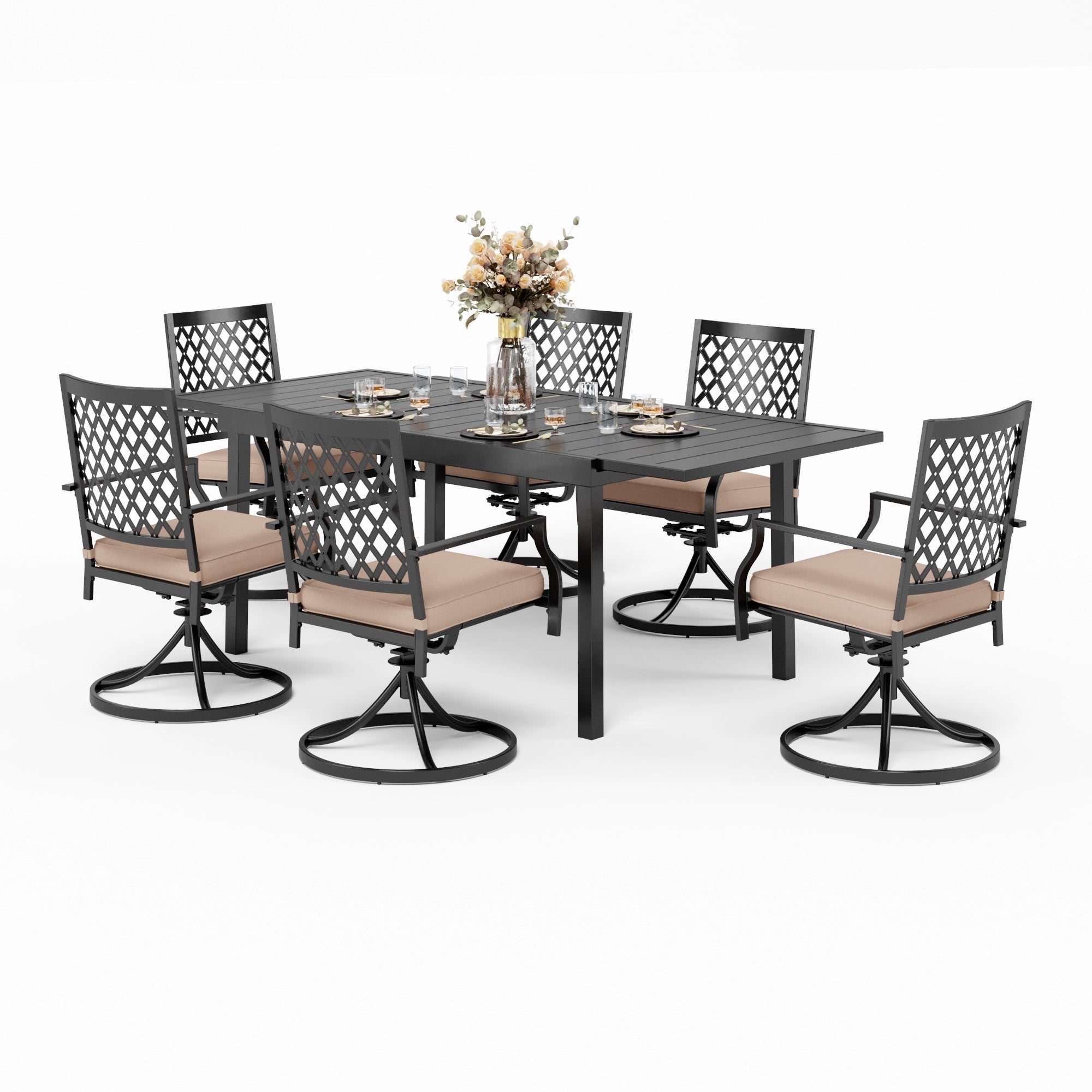Ensemble de salle à manger d'extérieur MAISON ARTS pouvant accueillir jusqu'à 6/8 personnes, 6/8 chaises pivotantes en maille métallique, 1 table rectangulaire extensible